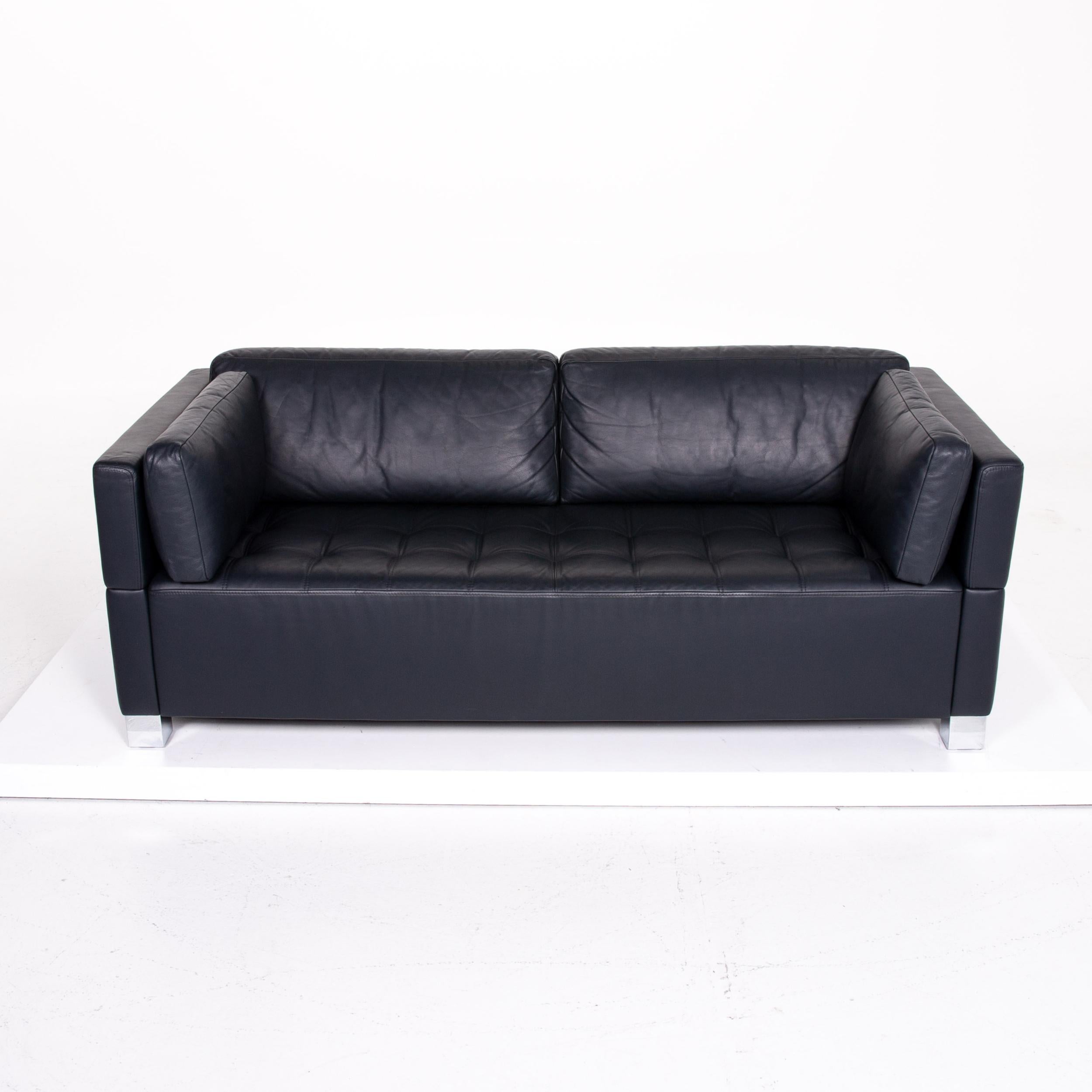 Contemporary Brühl & Sippold Carrée Leather Sofa Dark Blue Blue Three-Seat Couch For Sale