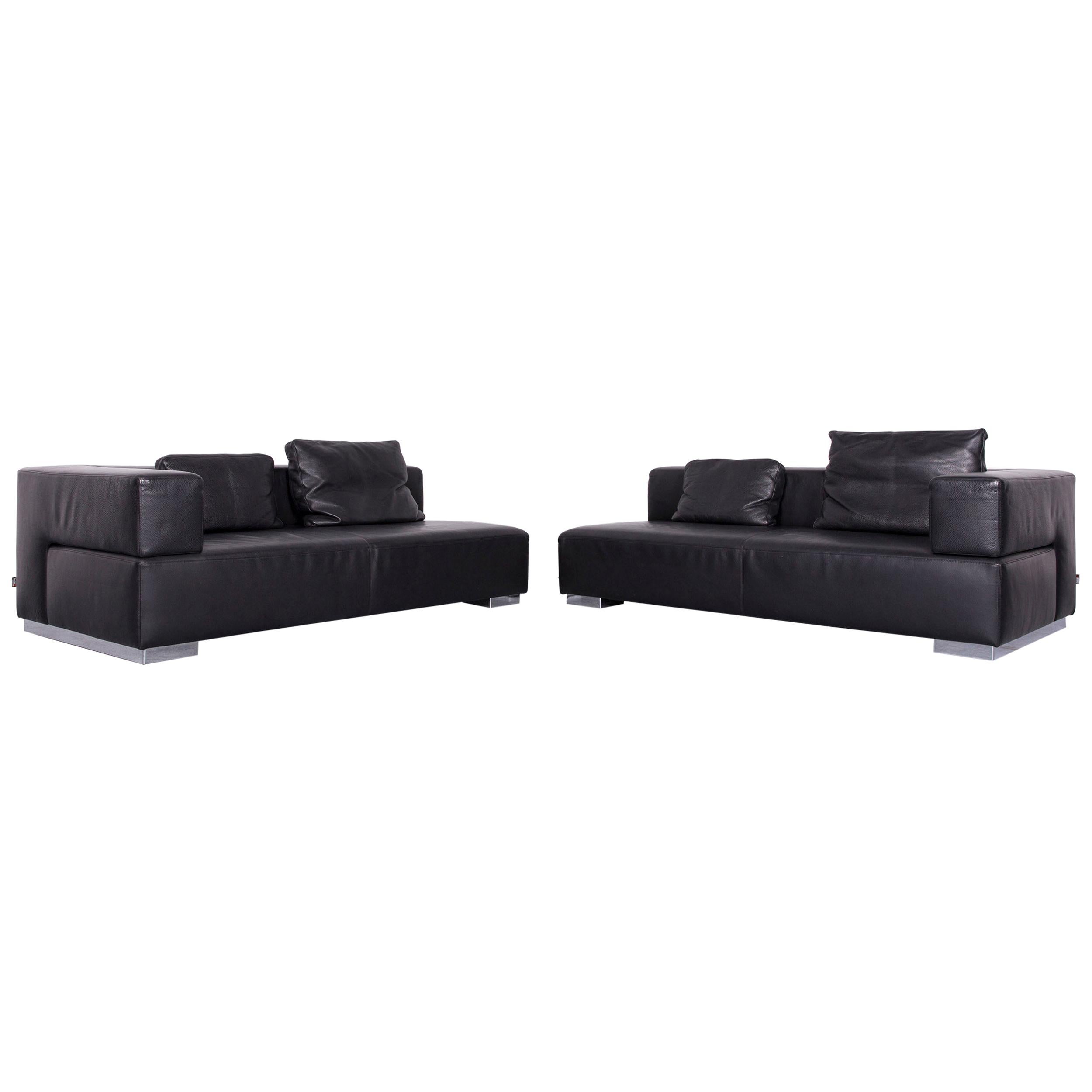 Brühl & Sippold Designer Sofa Set Leather Black Two-Seat Couch Modern For Sale