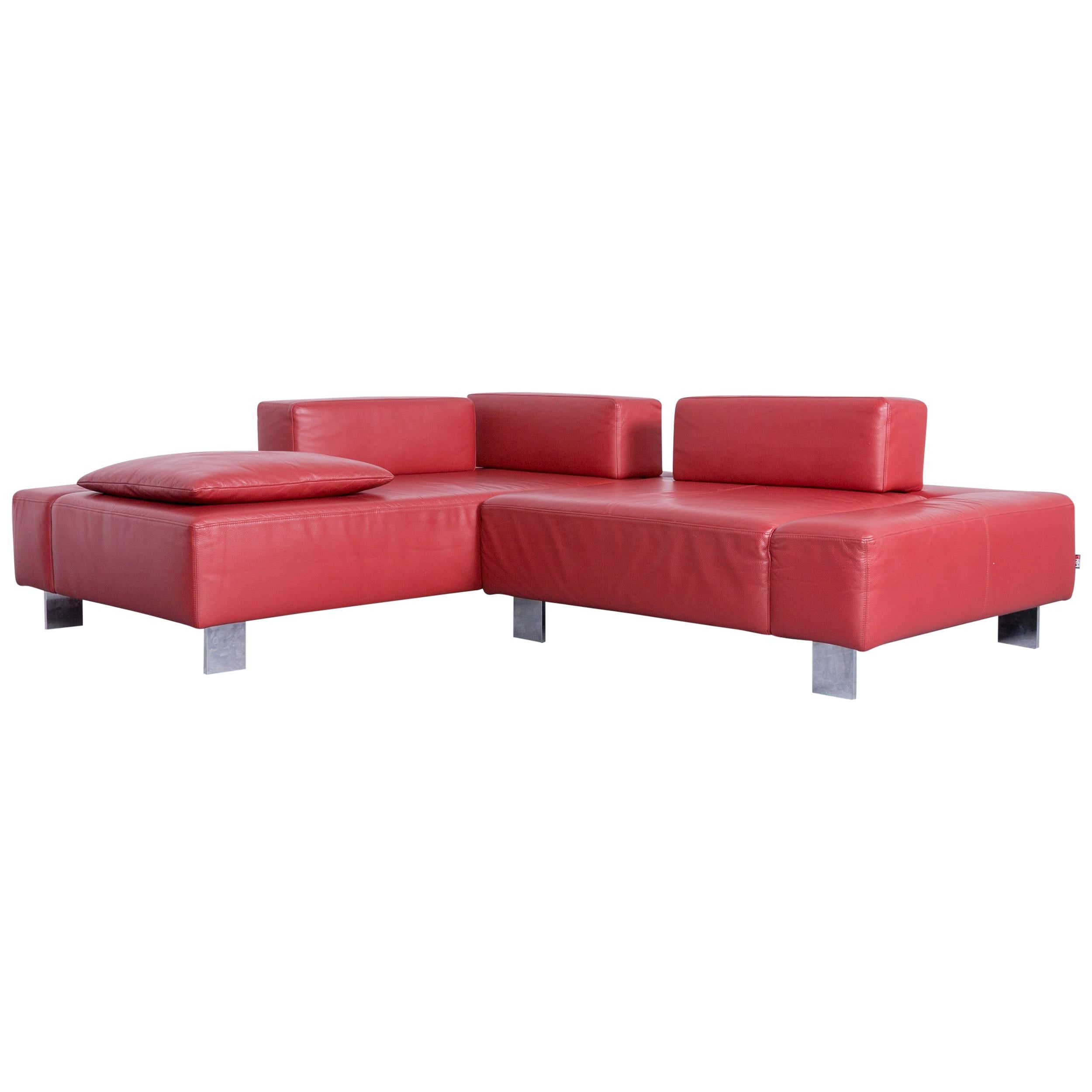 Brühl & Sippold Fields Designer Sofa Red Leather Corner Sofa with Function For Sale