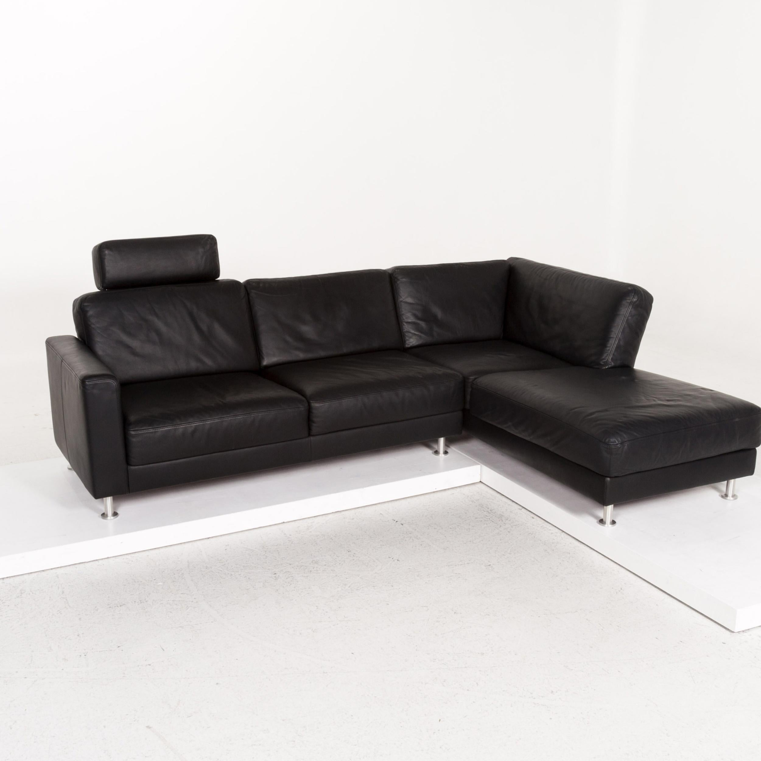 Brühl & Sippold Fiesta Leather Sofa Set Black 1 Corner Sofa 2 Armchair 8