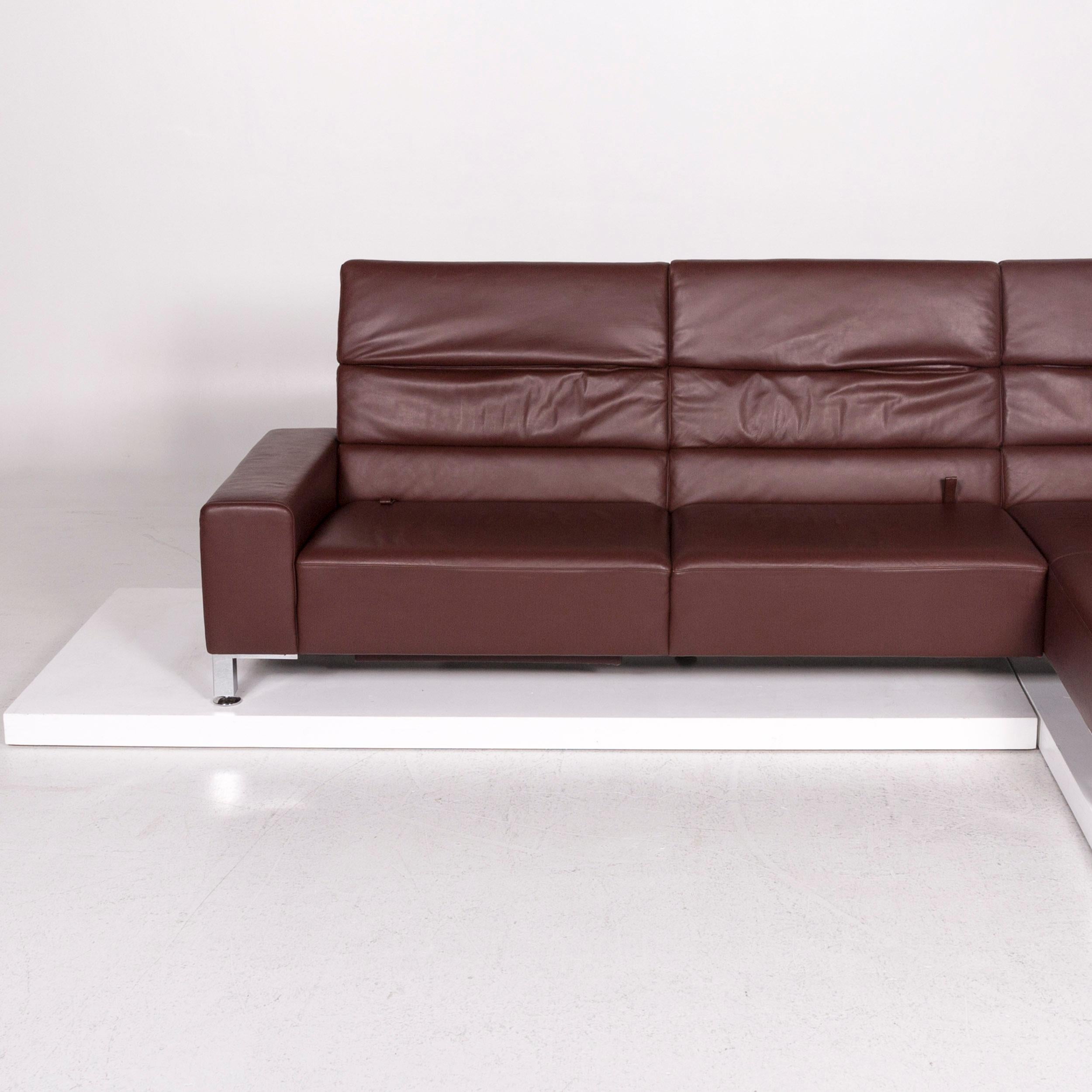 Brühl & Sippold Leather Corner Sofa Bordeaux Dark Red Auburn Sofa Function Couch For Sale 2