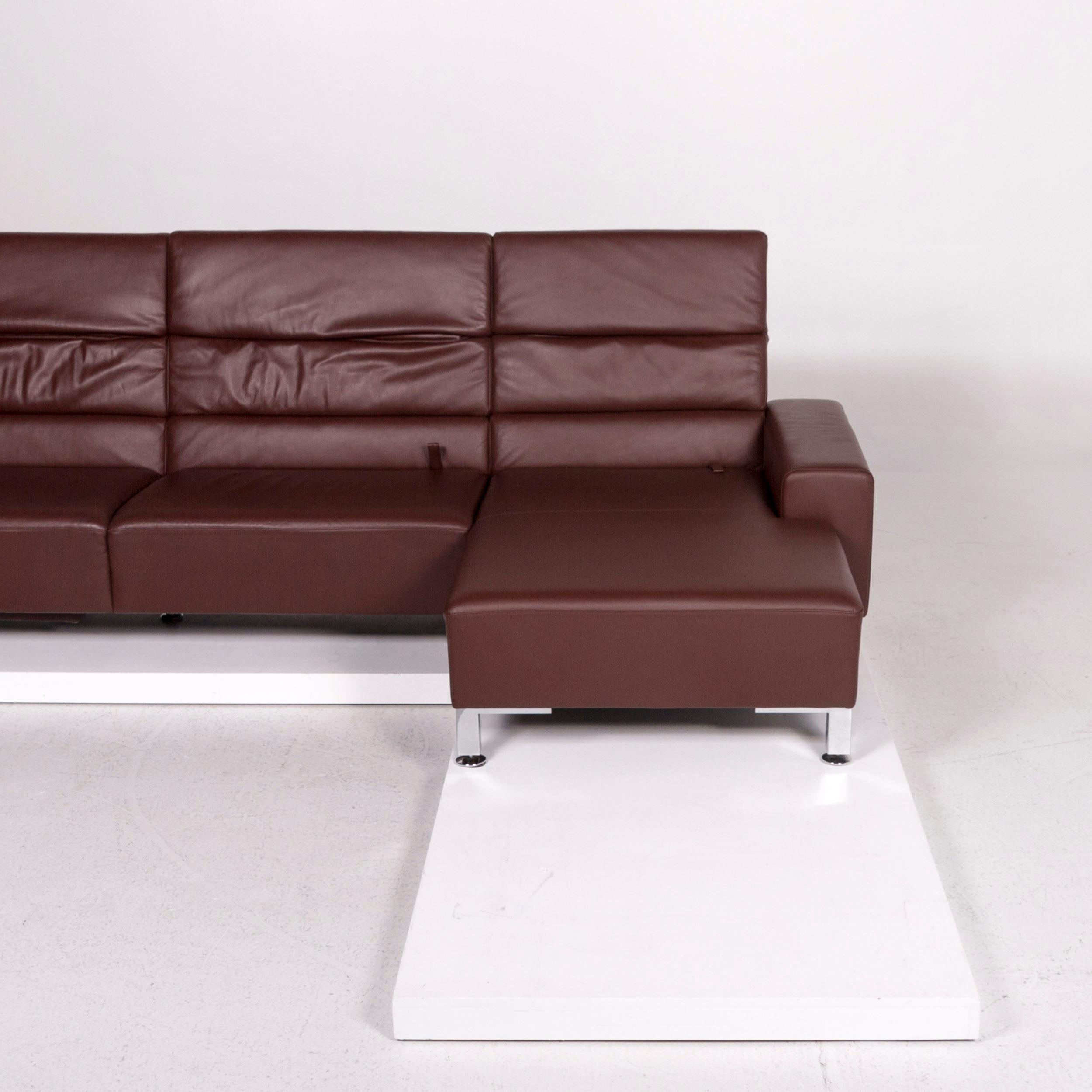 Brühl & Sippold Leather Corner Sofa Bordeaux Dark Red Auburn Sofa Function Couch For Sale 3