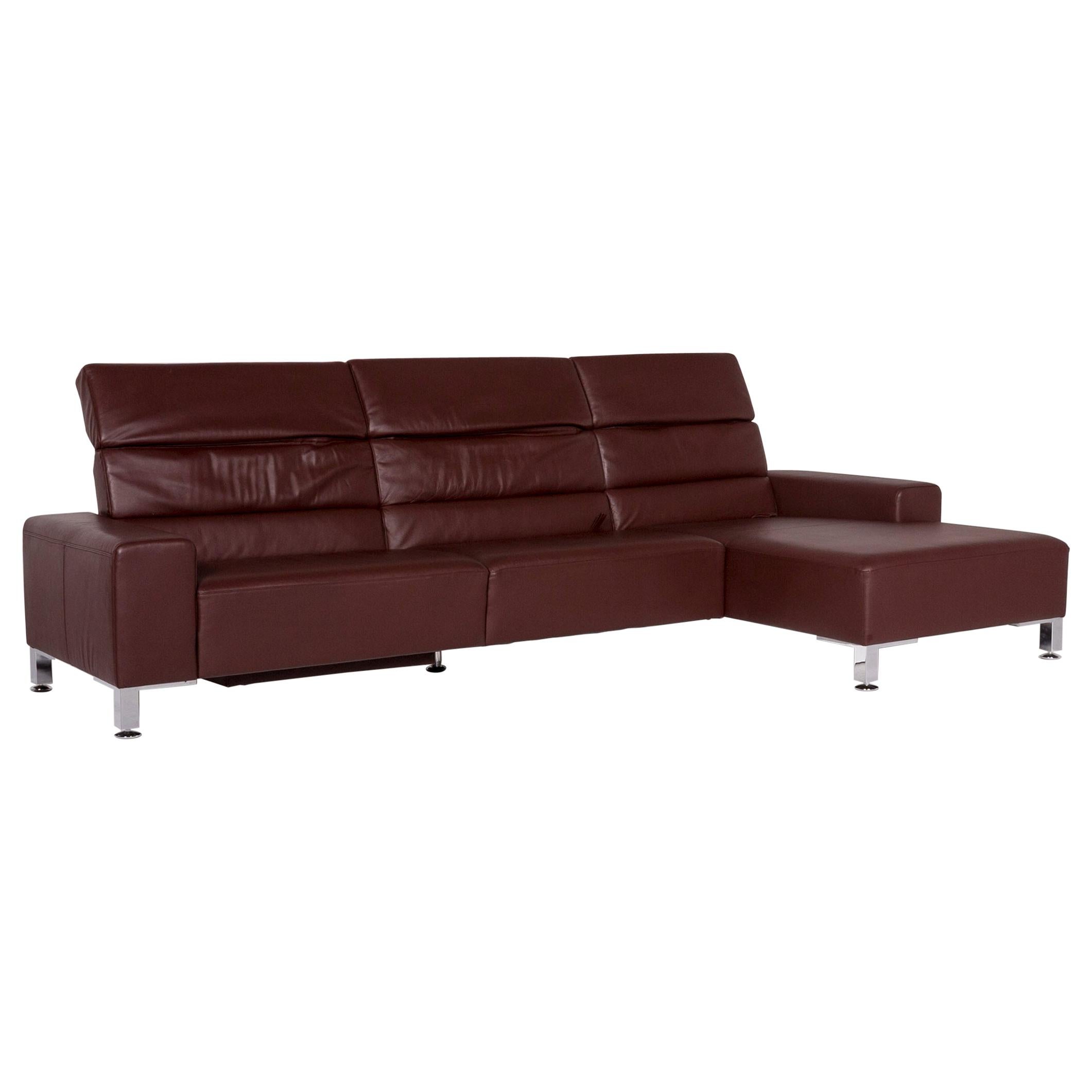 Brühl & Sippold Leather Corner Sofa Bordeaux Dark Red Auburn Sofa Function Couch For Sale