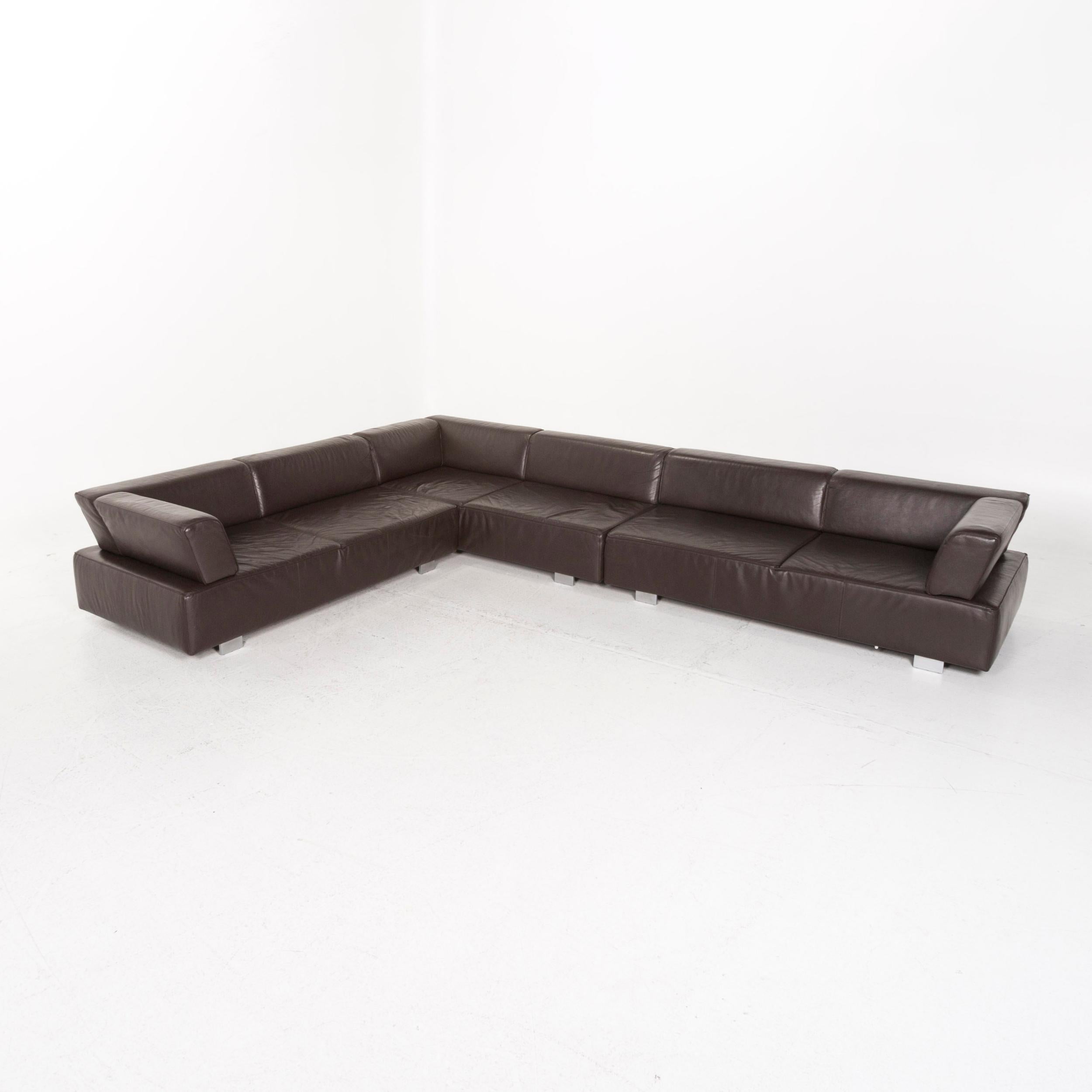 Brühl & Sippold Leather Corner Sofa Set Brown Dark Brown 1 Corner Sofa 1 Stool For Sale 6