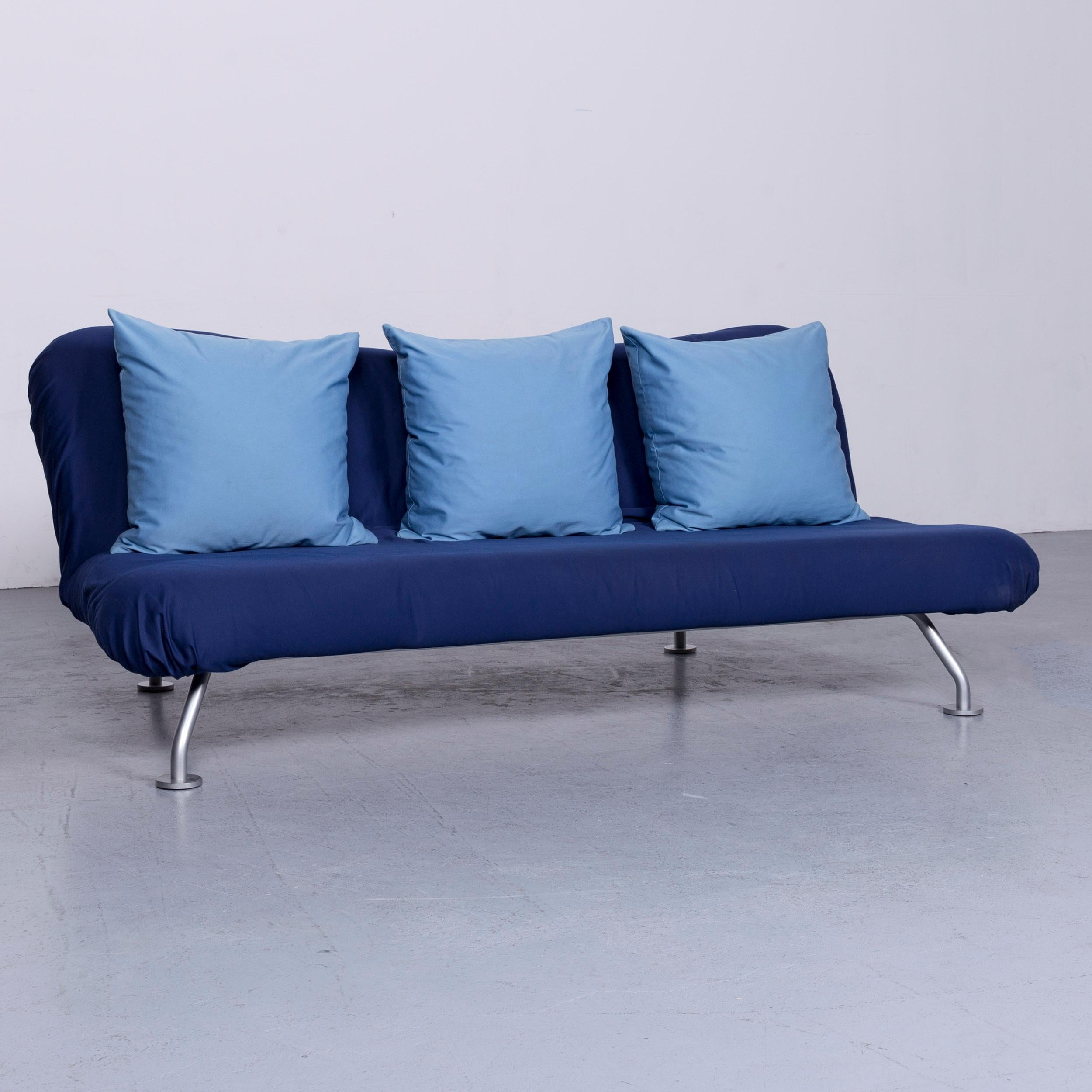 German Brühl & Sippold More Designer Fabric Sofa Blue Three-Seat Couch with Function For Sale