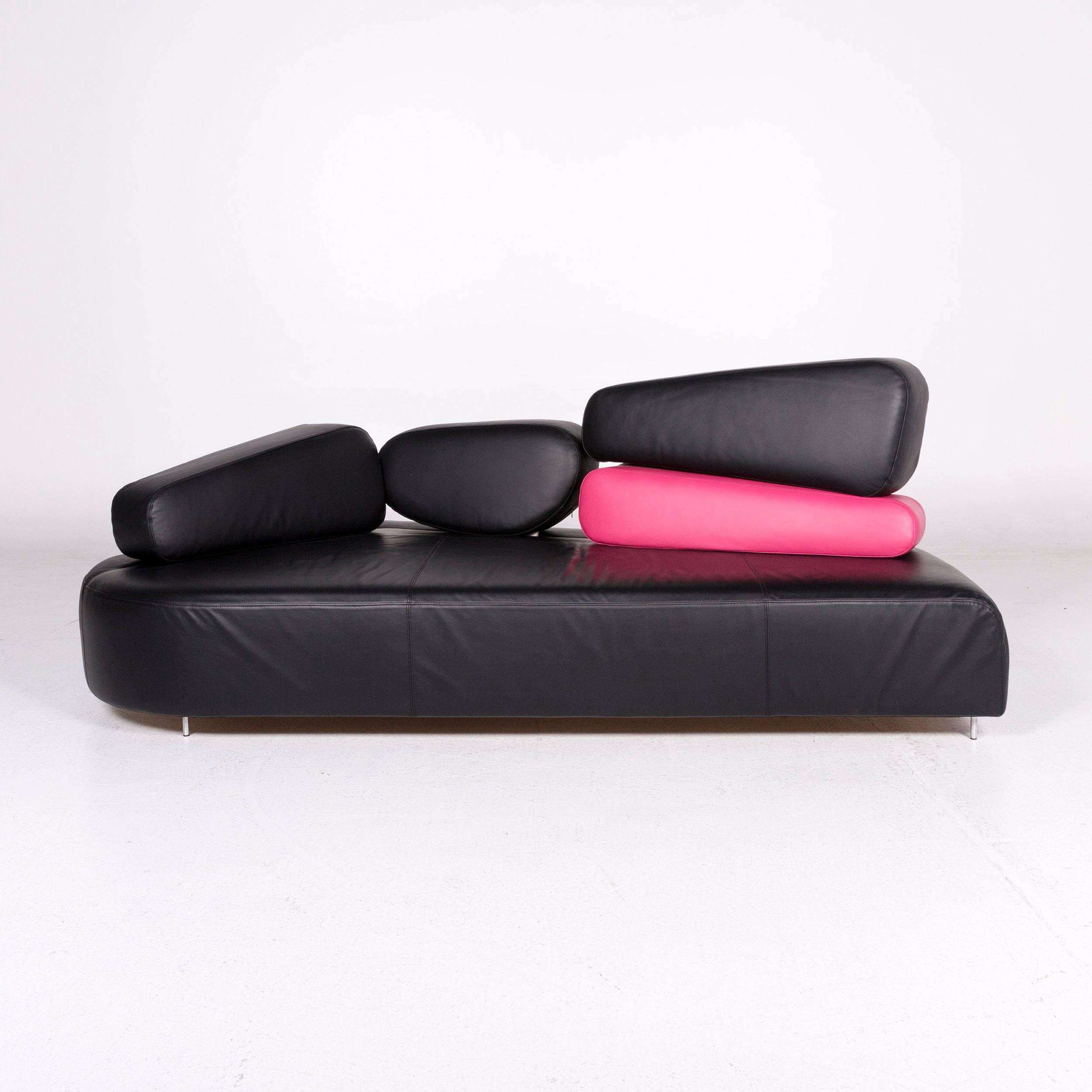 Brühl & Sippold Mosspink Leather Sofa Incl. Stool Black Pink Three-Seat Kati 3