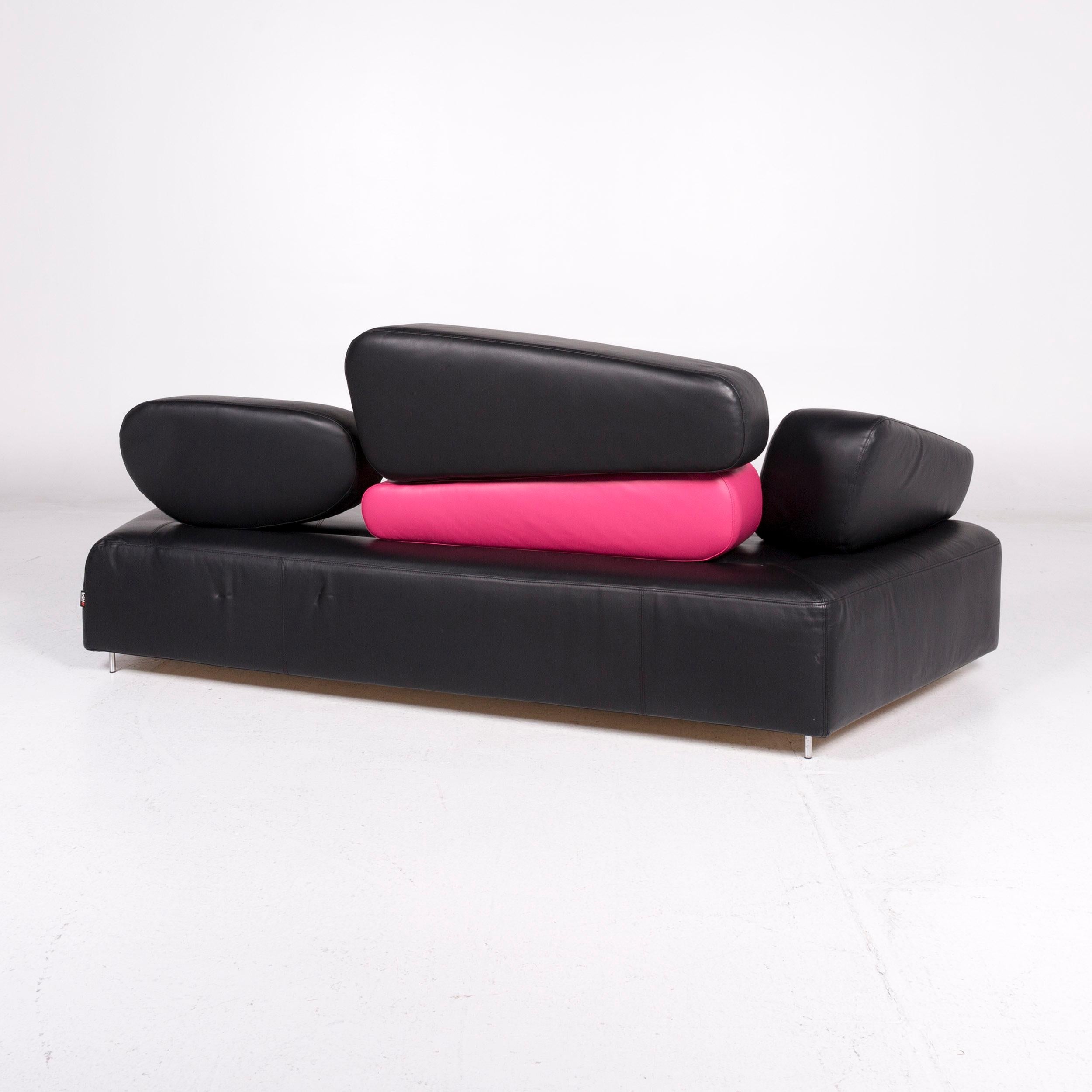 Brühl & Sippold Mosspink Leather Sofa Incl. Stool Black Pink Three-Seat Kati 5