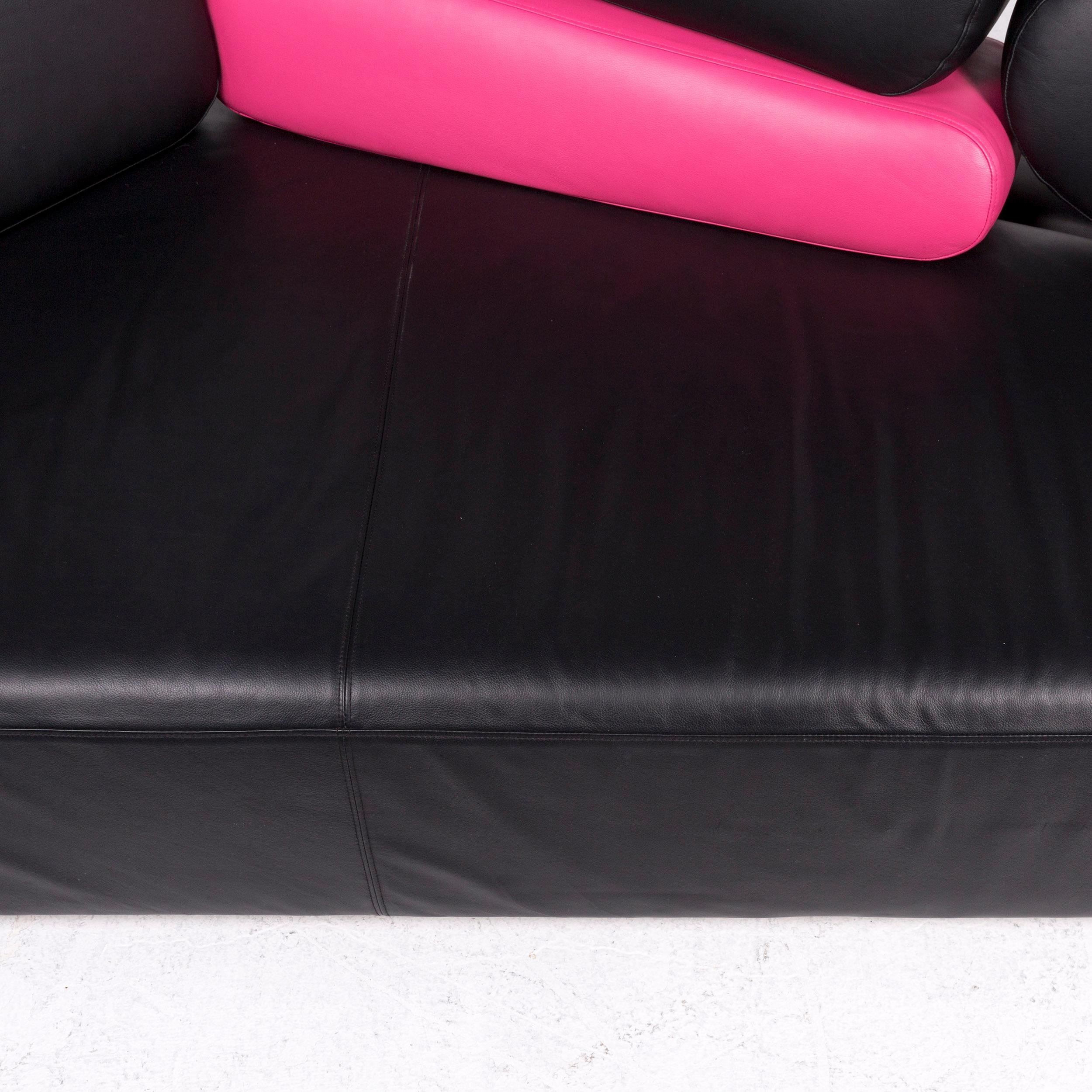German Brühl & Sippold Mosspink Leather Sofa Incl. Stool Black Pink Three-Seat Kati