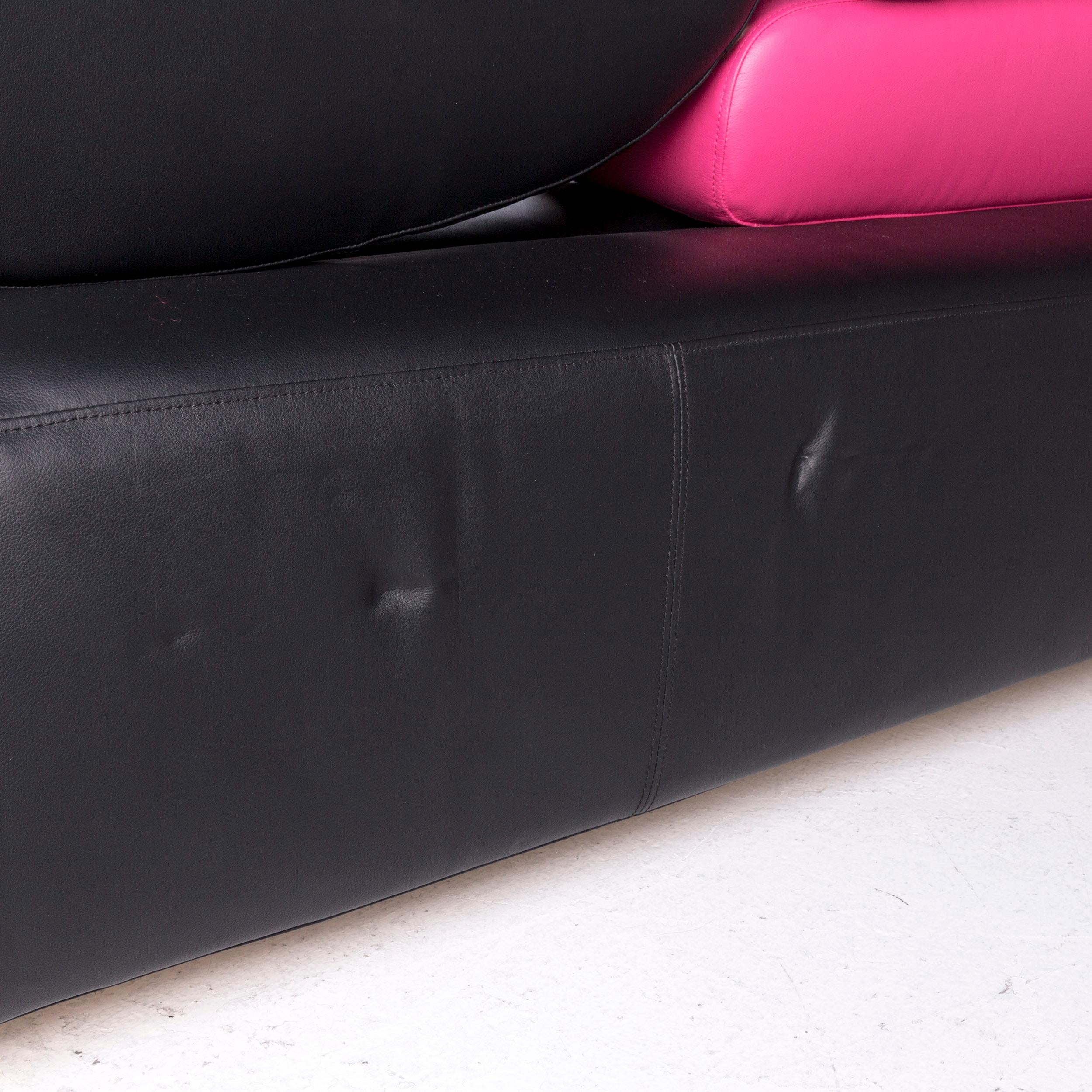 Brühl & Sippold Mosspink Leather Sofa Incl. Stool Black Pink Three-Seat Kati In Good Condition In Cologne, DE