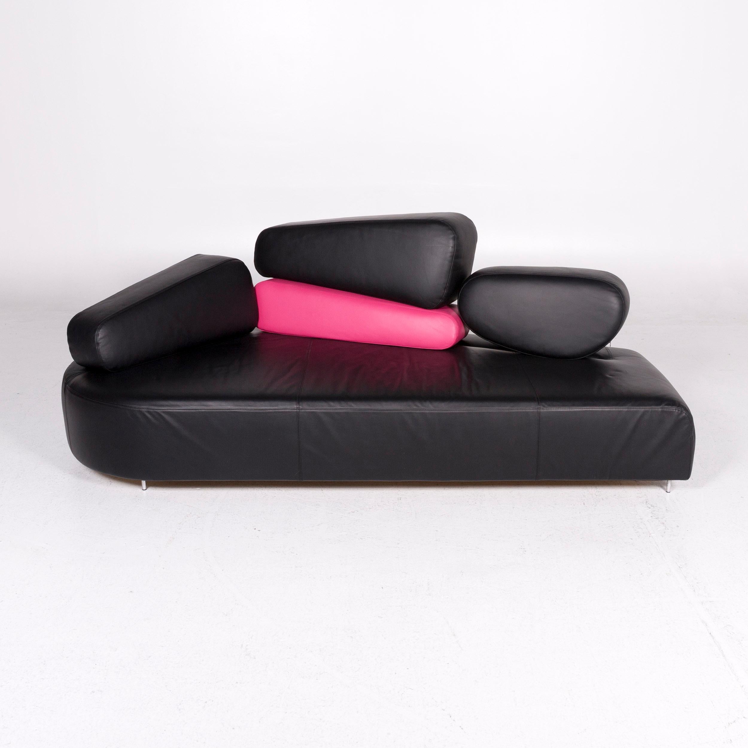 Brühl & Sippold Mosspink Leather Sofa Incl. Stool Black Pink Three-Seat Kati 2