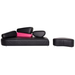 Brühl & Sippold Mosspink Leather Sofa Incl. Stool Black Pink Three-Seat Kati