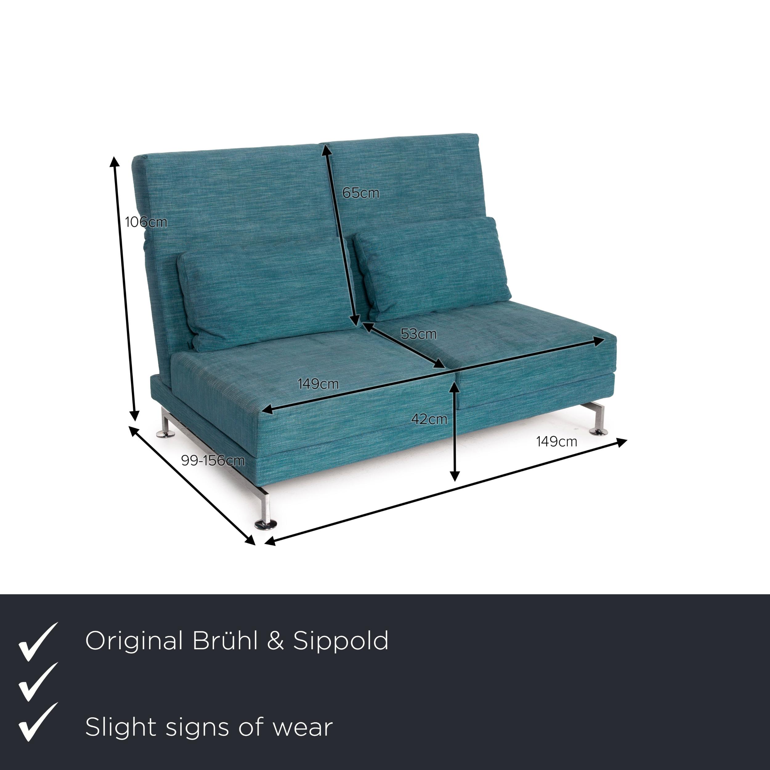 We present to you a Brühl & Sippold Moule fabric sofa blue two-seater reclining function turquoise.
  
 

 Product measurements in centimeters:
 

 depth: 99
 width: 149
 height: 106
 seat height: 42
seat depth: 53
 seat width: 149
