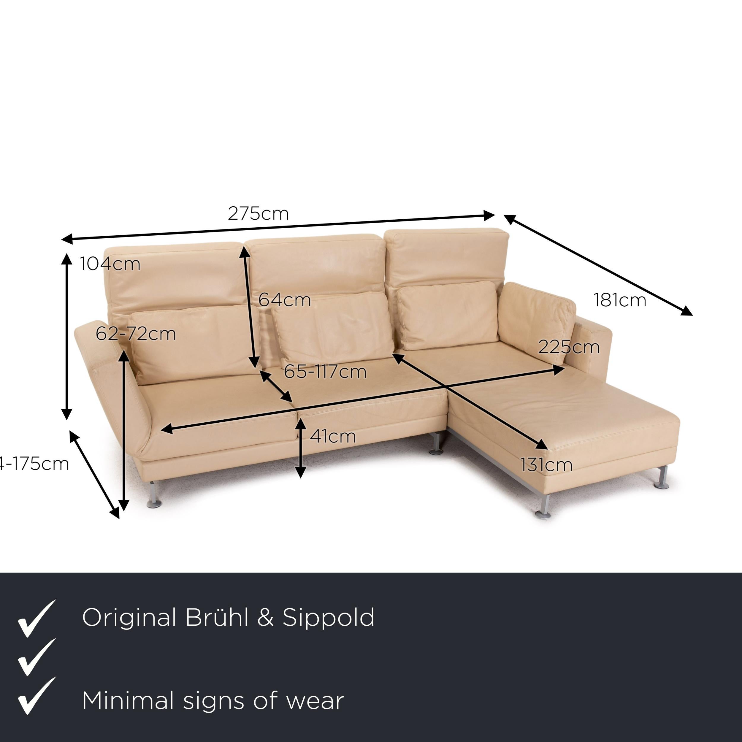 We present to you a Brühl & Sippold Moule leather corner sofa beige cream sofa bed function.

Product measurements in centimeters:

depth: 94
width: 275
height: 104
seat height: 41
rest height: 62
seat depth: 65
seat width: 225
back