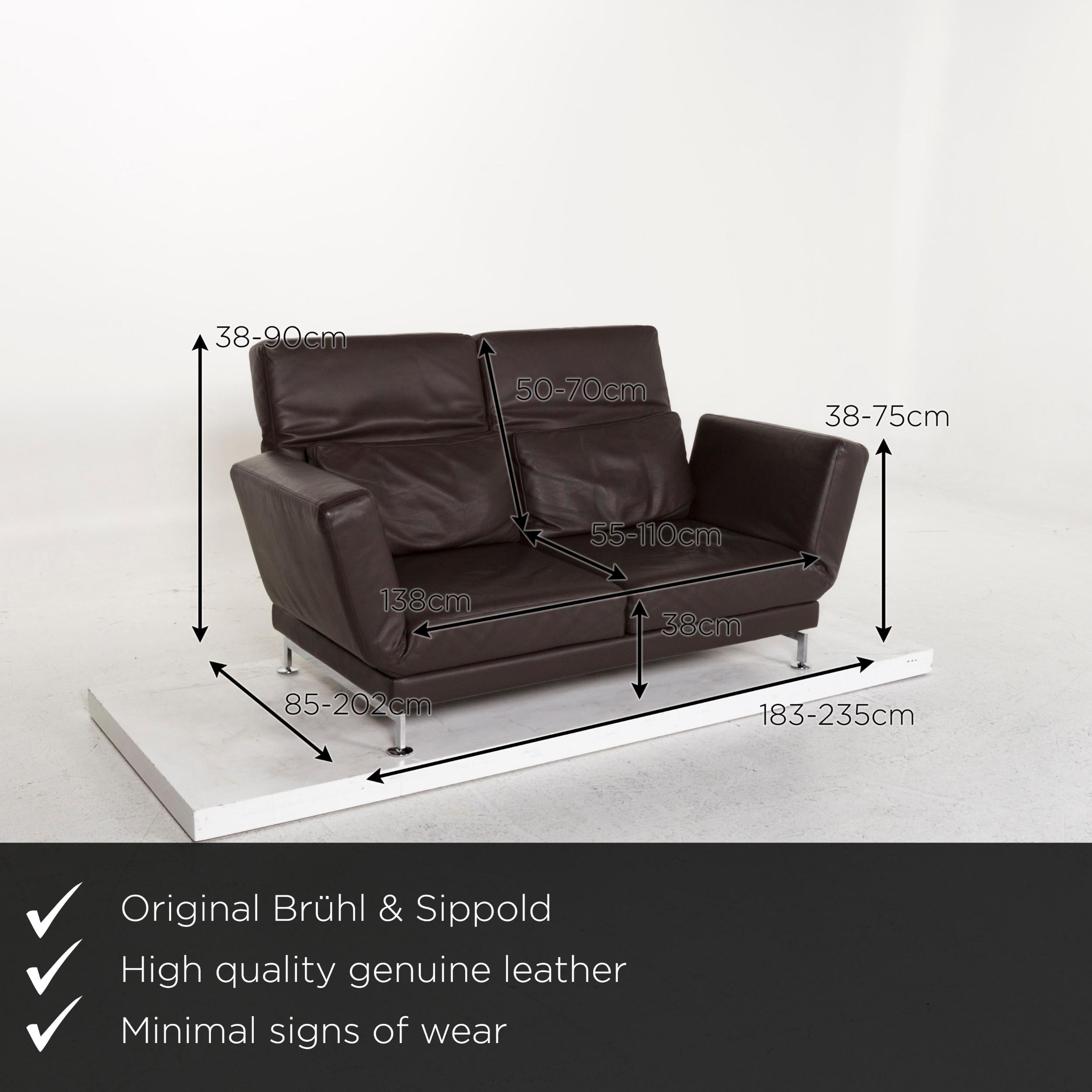 We present to you a Brühl & Sippold Moule leather sofa brown dark brown relax function couch.
 

 Product measurements in centimeters:
 

Depth 85
Width 183
Height 90
Seat height 38
Rest height 38
Seat depth 55
Seat width 138
Back