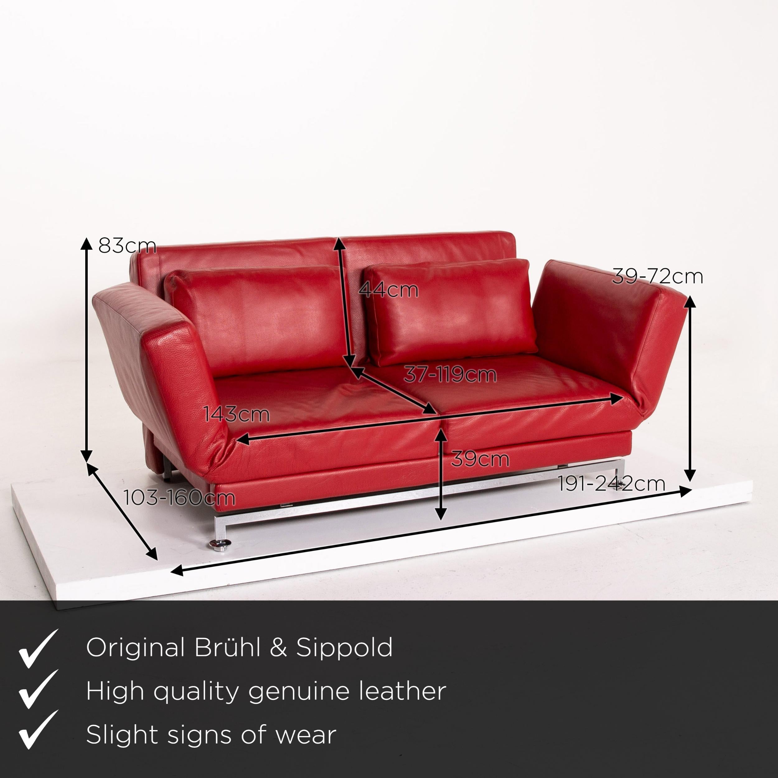 We present to you a Brühl & Sippold Moule leather sofa red two-seat function sofa bed sleep.
    
 

 Product measurements in centimeters:
 

Depth 103
Width 191
Height 83
Seat height 39
Rest height 39
Seat depth 37
Seat width 143
Back