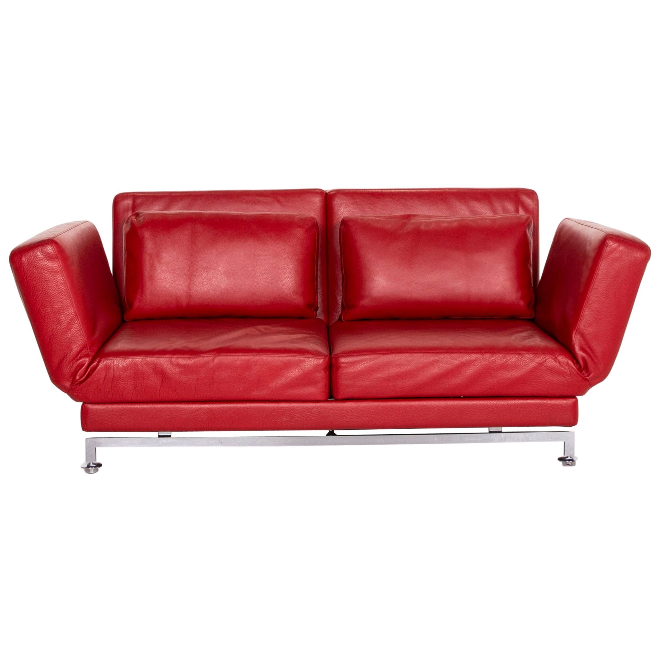 Brühl & Sippold Moule Leather Sofa Red Two-Seat Function Sofa Bed Sleep For Sale