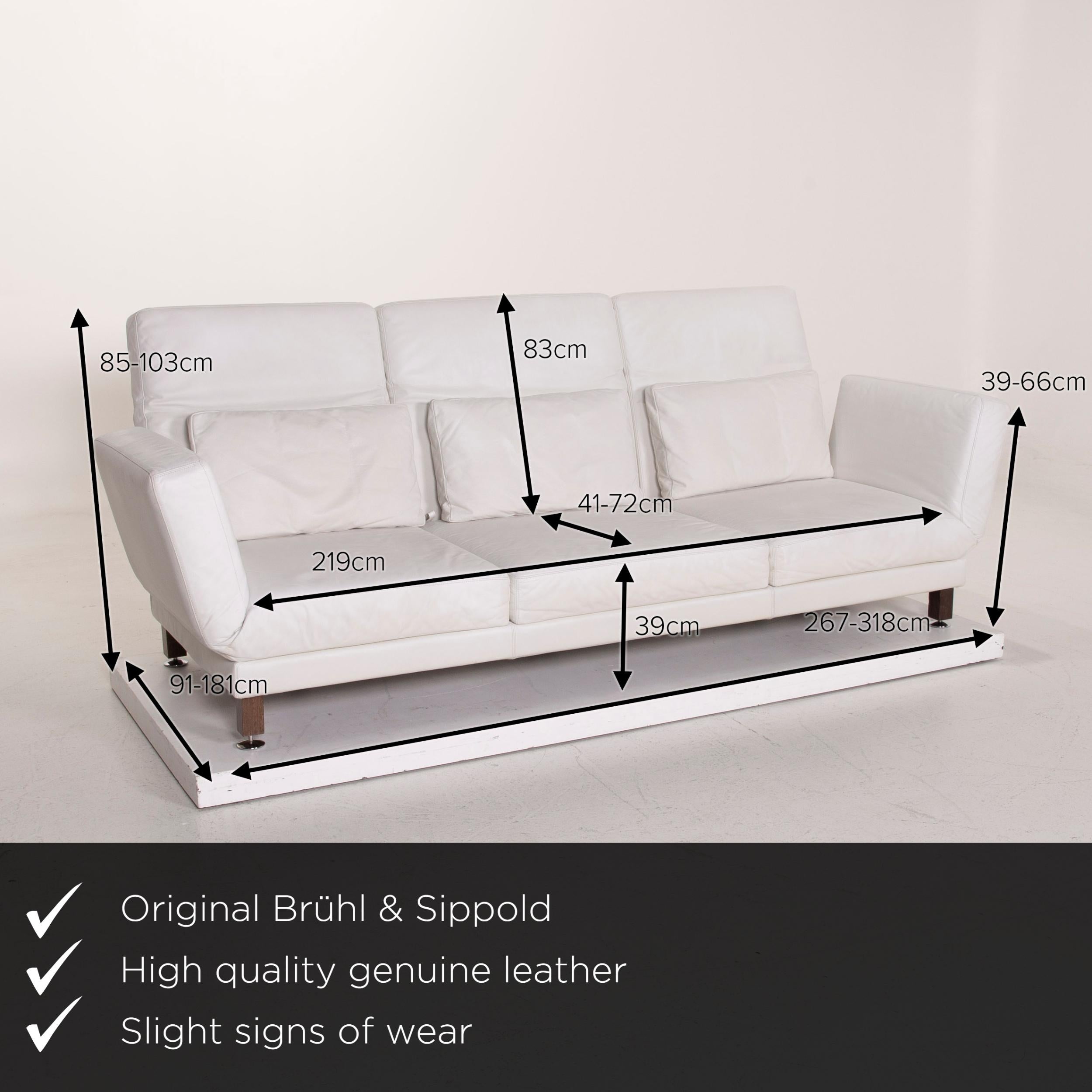 We present to you a Brühl & Sippold Moule leather sofa set white three-seat relax function stool.

 

 Product measurements in centimeters:
 

Depth 91
Width 267
Height 103
Seat height 39
Rest height 39
Seat depth 41
Seat width