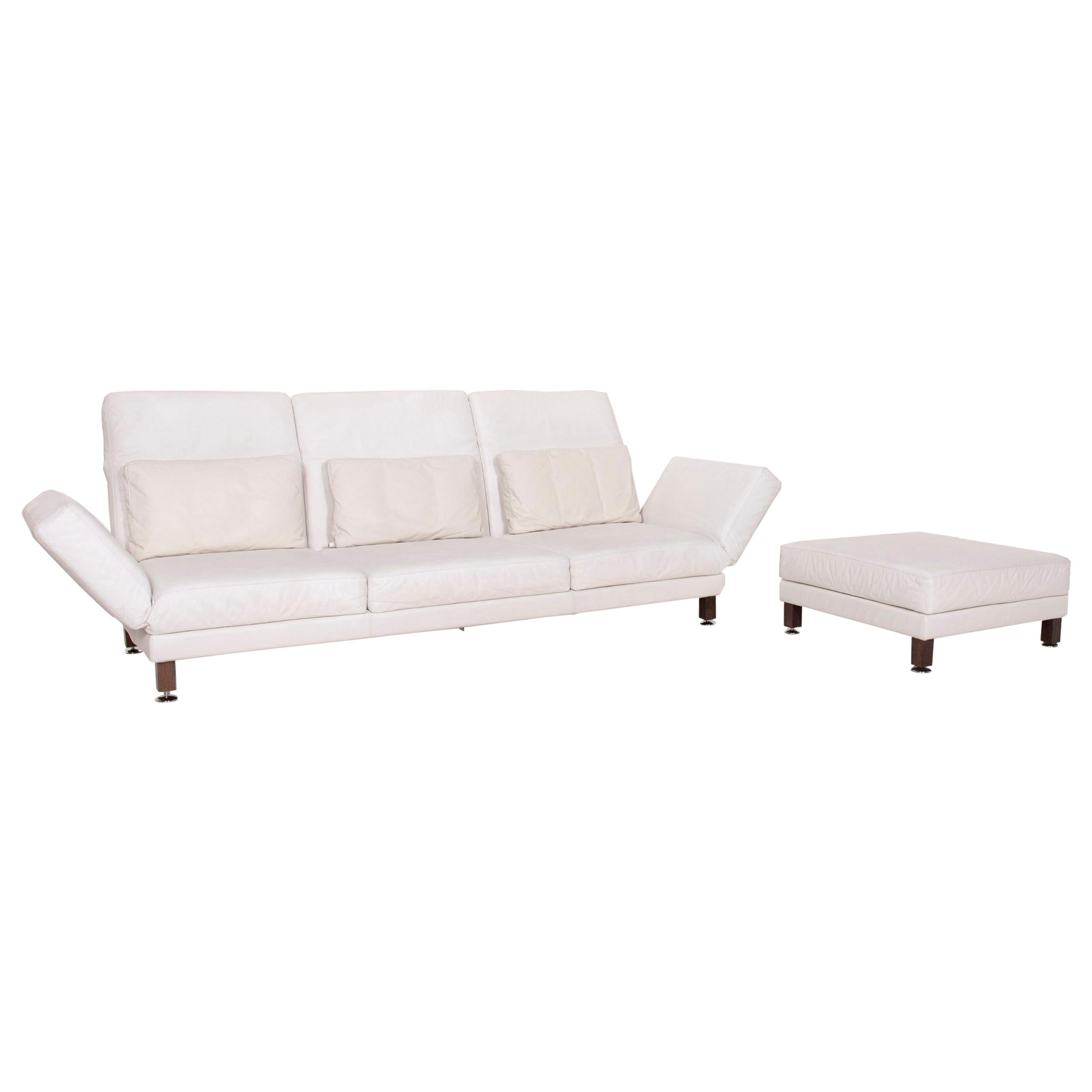 Brühl & Sippold Moule Leather Sofa Set White Three-Seater Relax Function Stool For Sale