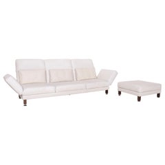 Brühl & Sippold Moule Leather Sofa Set White Three-Seater Relax Function Stool