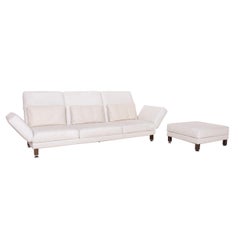 Brühl & Sippold Moule Leather Sofa Set White Three-Seater Relax Function Stool