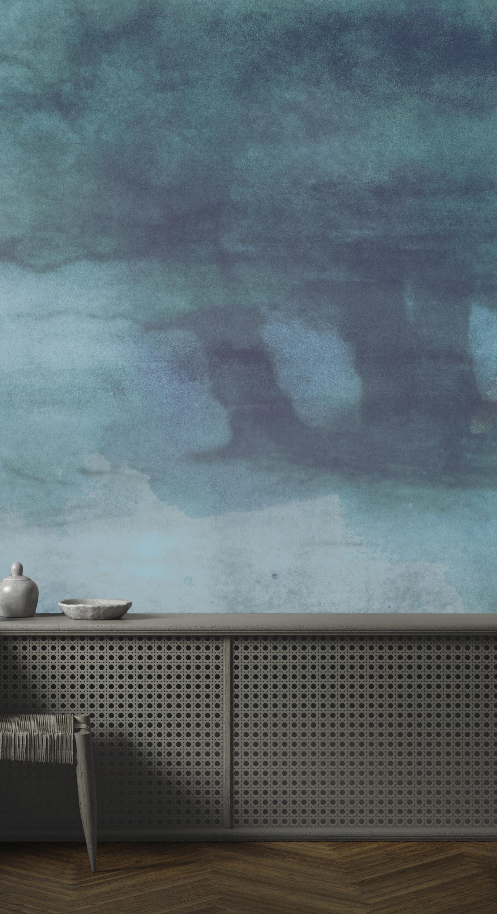 Modern Brume du Tibet - custom mural wallpaper (faded blue) For Sale