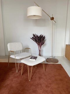 "Bruna" Minimalist Armchair with Ottoman in Painted Steel and Velvet Handwoven