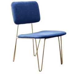"Bruna" Minimalist Chair in Painted Steel and Blue Velvet Hand Woven