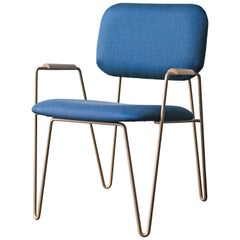 "Bruna" Minimalist Chair with Arms in Painted Steel and Blue Velvet Handwoven