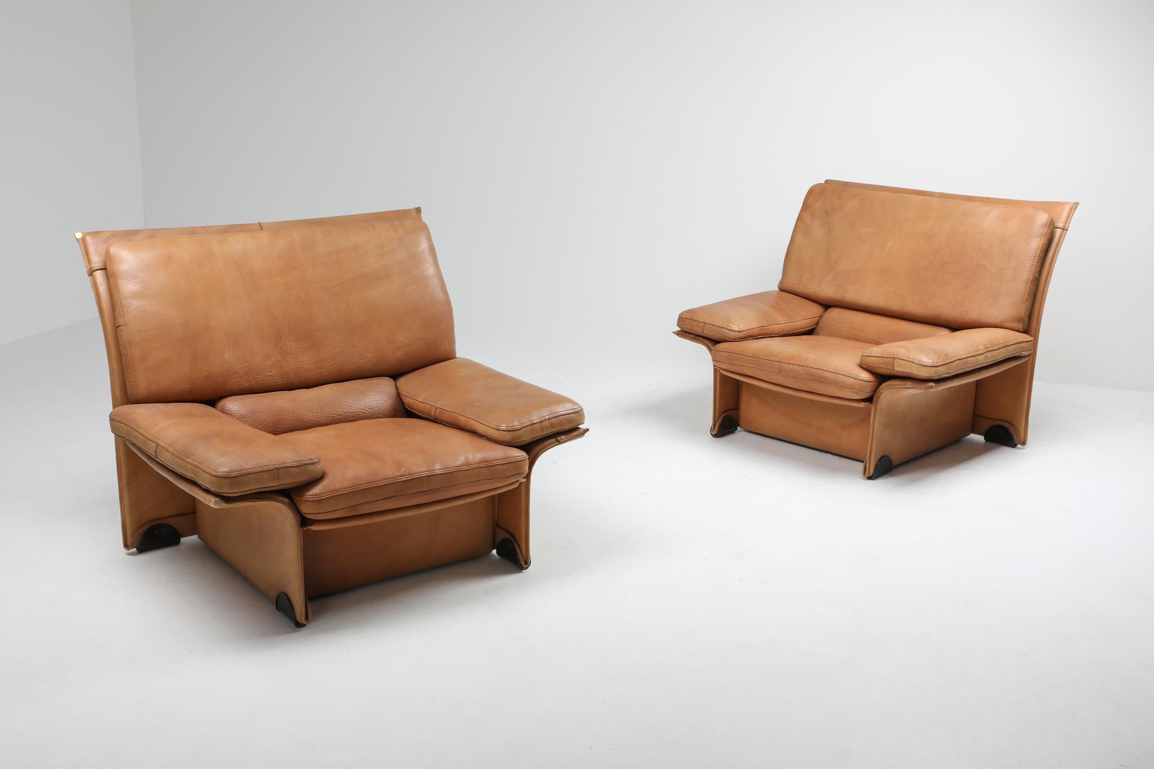 Post-Modern Brunati Camel Leather Club Chairs, Italy