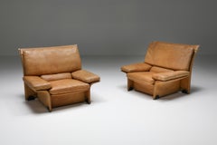 Brunati Camel Leather Club Chairs, Mid-Century Modern, Italy, 1970's