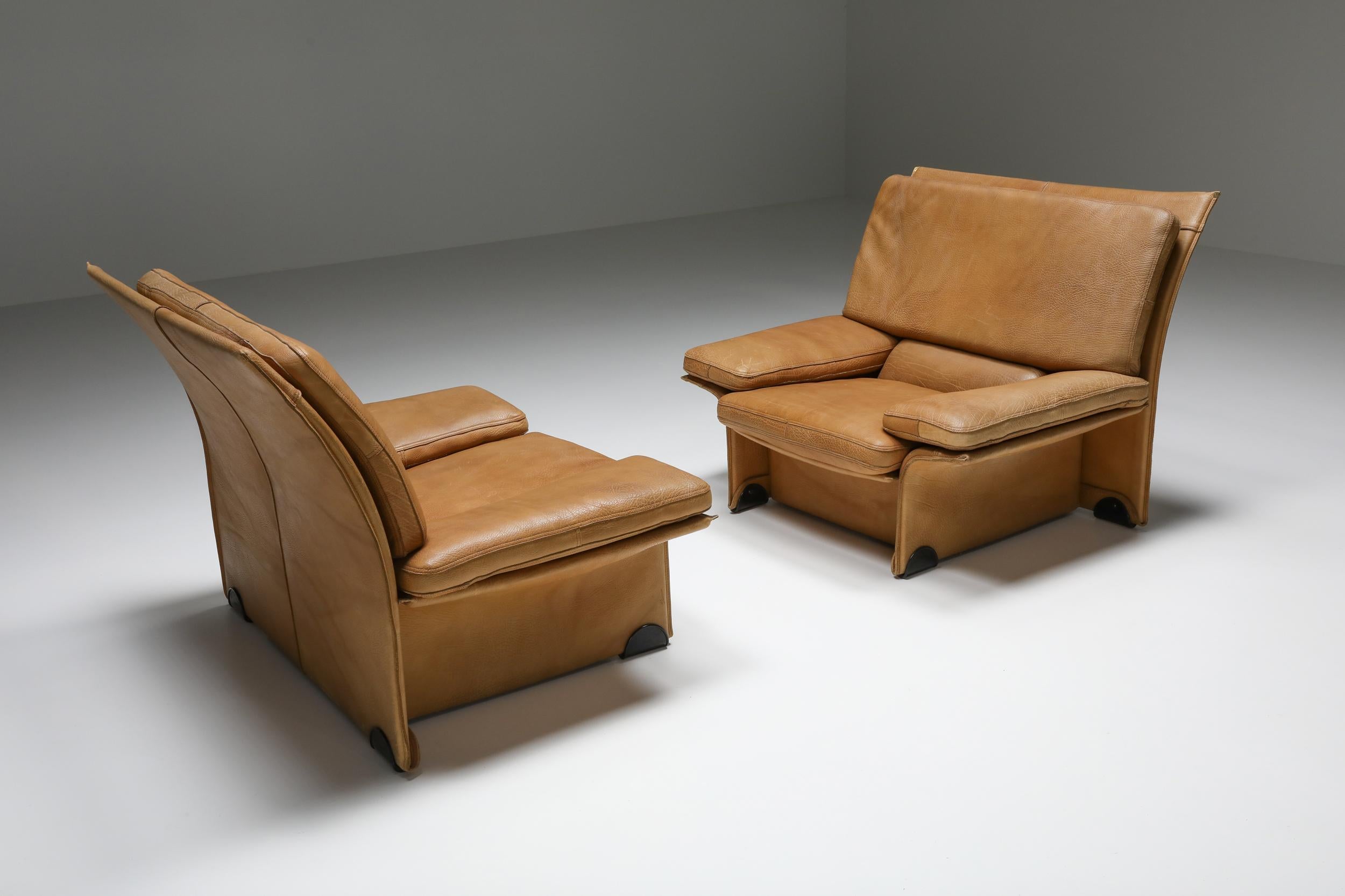 Brunati Camel Leather Club Chairs, Mid-Century Modern, Italy, 1970's In Excellent Condition For Sale In Antwerp, BE