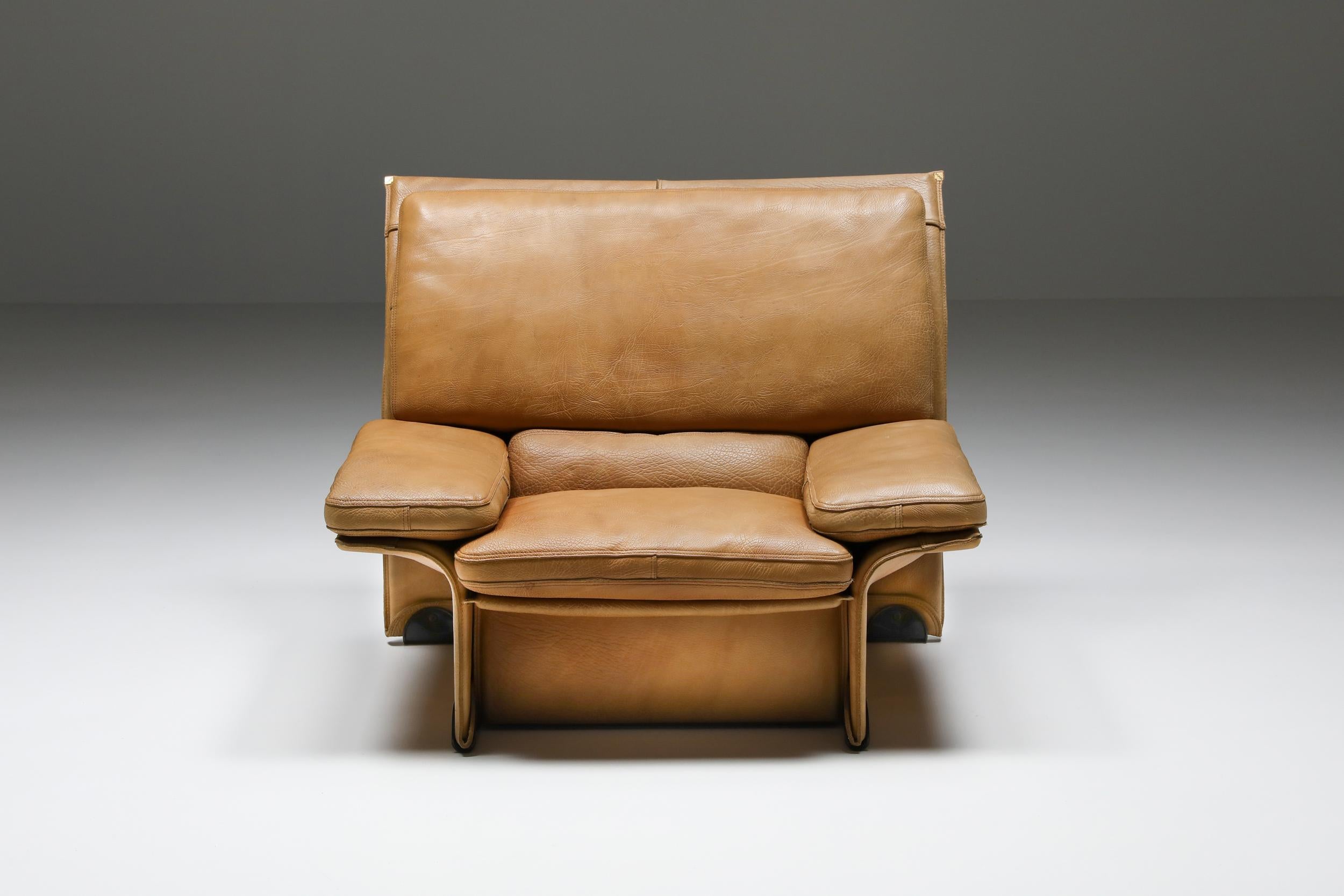 20th Century Brunati Camel Leather Club Chairs, Mid-Century Modern, Italy, 1970's For Sale