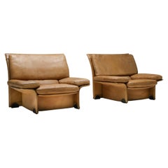 Vintage Brunati Camel Leather Club Chairs, Mid-Century Modern, Italy, 1970's