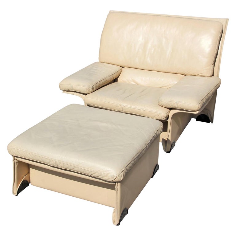 Brunati Postmodern Italian Cream, Leather Oversized Chair And Ottoman
