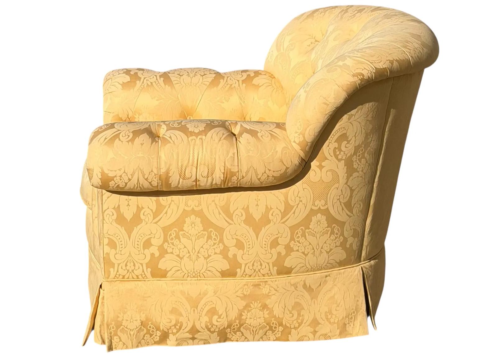Brunchwig & Fils Yellow Damask Fully Upholstered Club Chair - 1 of 2 Available.