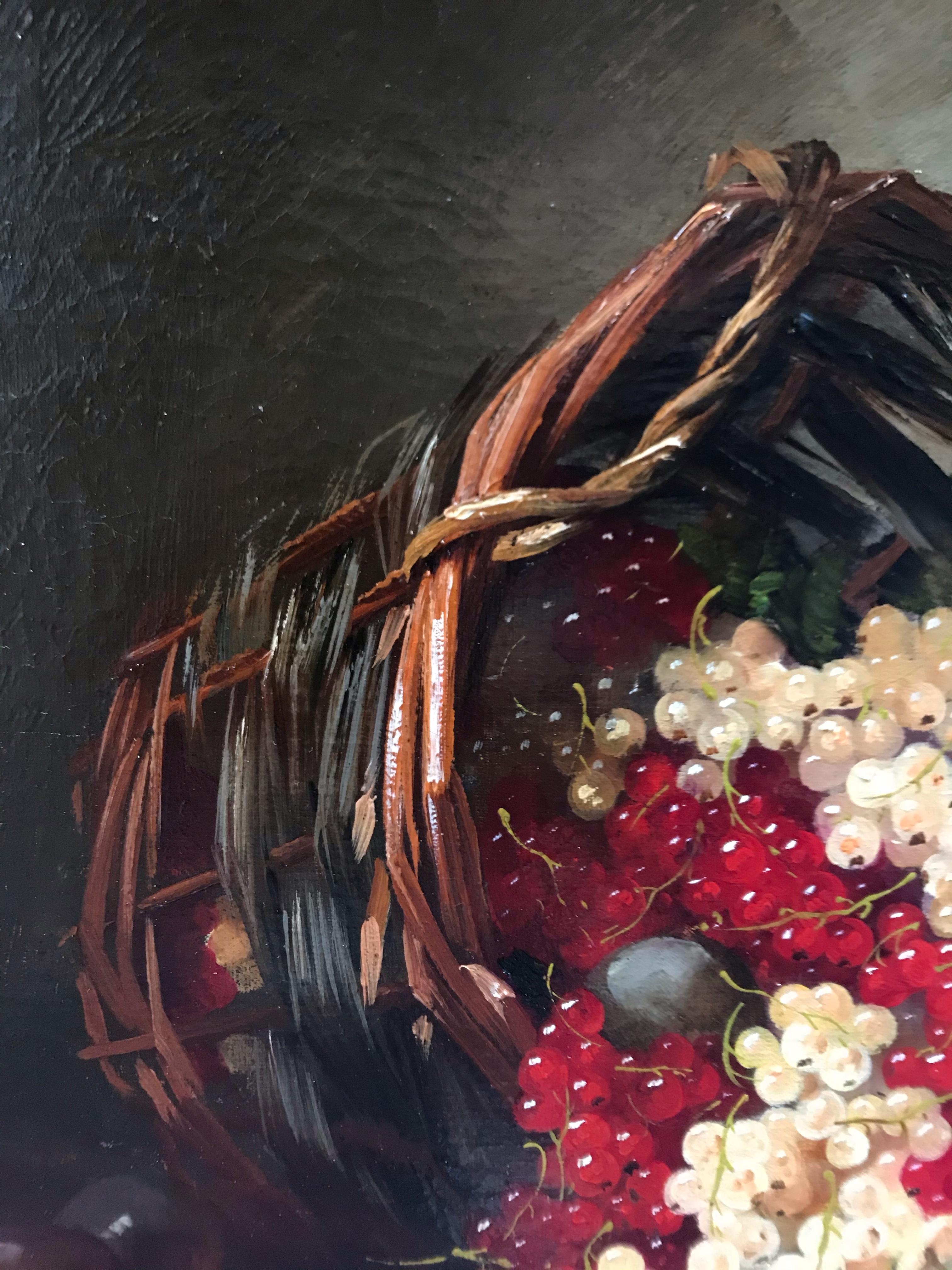 Natura morta con cesto di frutta e vino, dipinti del XIX secolo in coppia 8