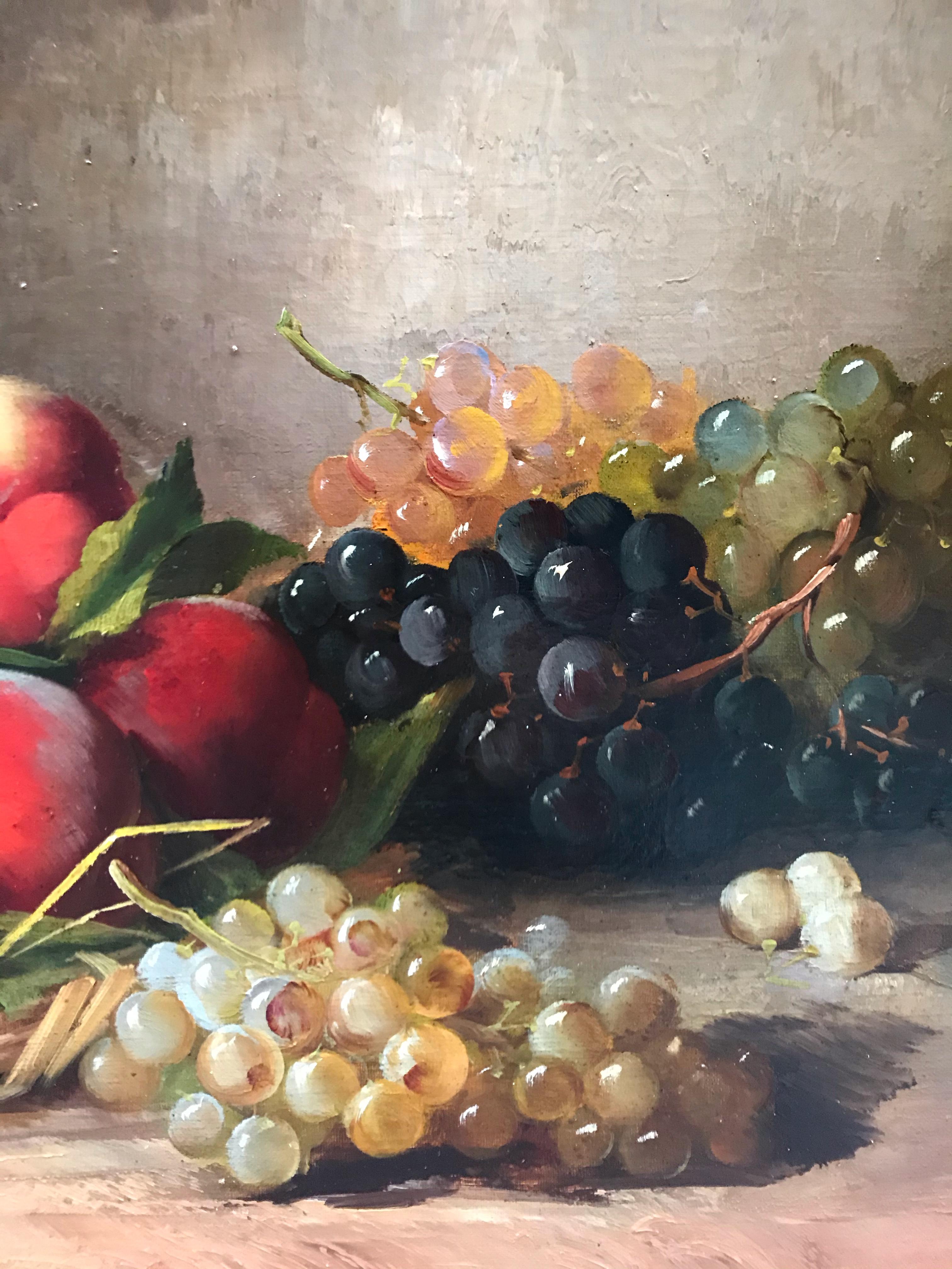 Natura morta con cesto di frutta e vino, dipinti del XIX secolo in coppia 1