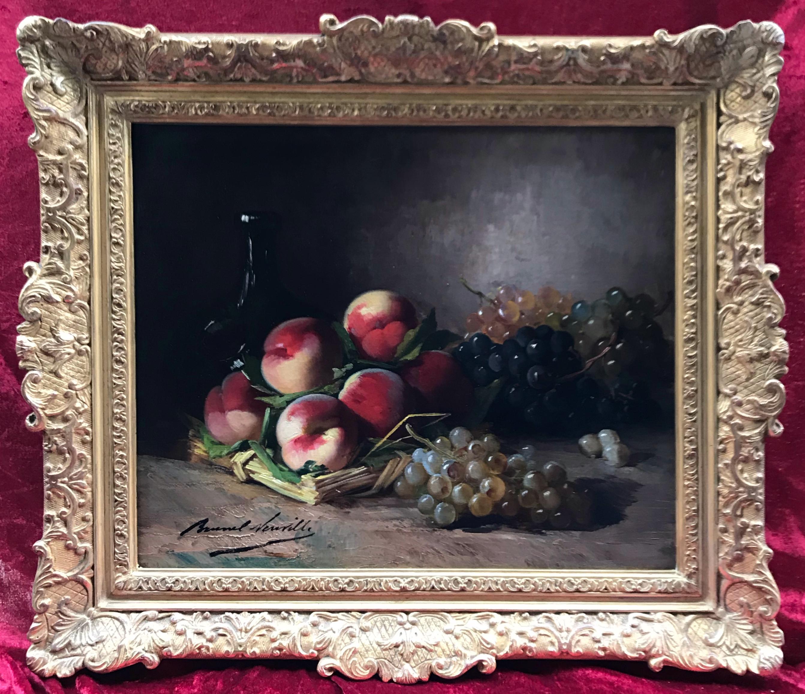 Natura morta con cesto di frutta e vino, dipinti del XIX secolo in coppia 4