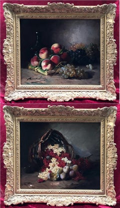 Still Life Fruits Basket and Wine, Paintings 19th Century in Pair