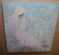 Jeune femme dans un jardin de fleurs roses