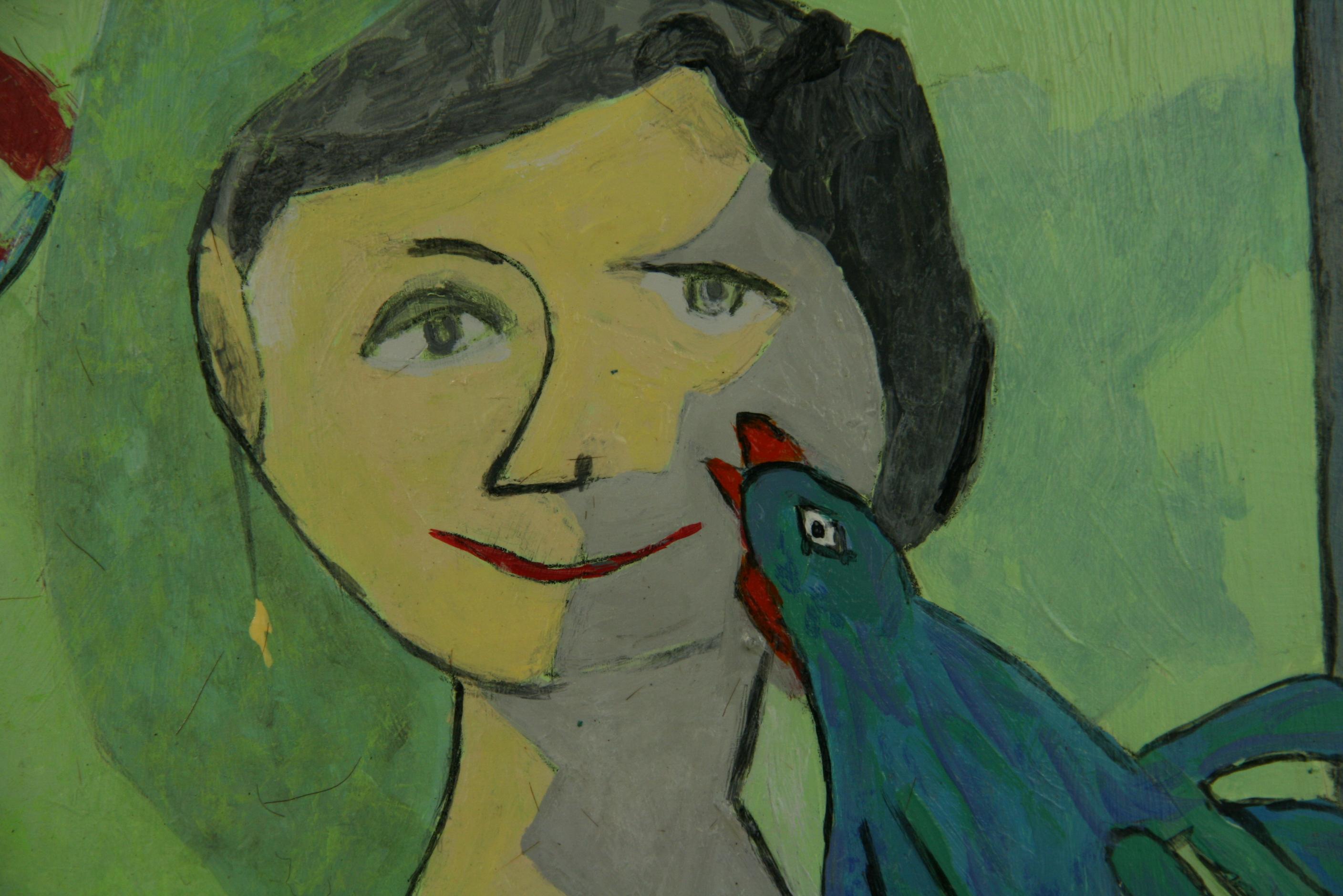 Surreal Blau  Vogelfrau  Abstrakt   Malerei 1980 im Angebot 1