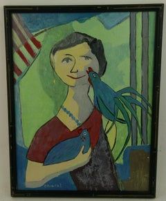 Surreal Blau  Vogelfrau  Abstrakt   Malerei 1980