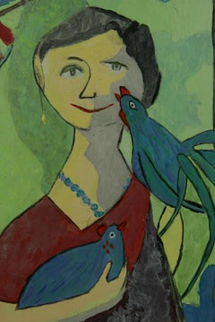 Lady with Blue Bird Painting, Framed Oil on Board, 1980, Abstract