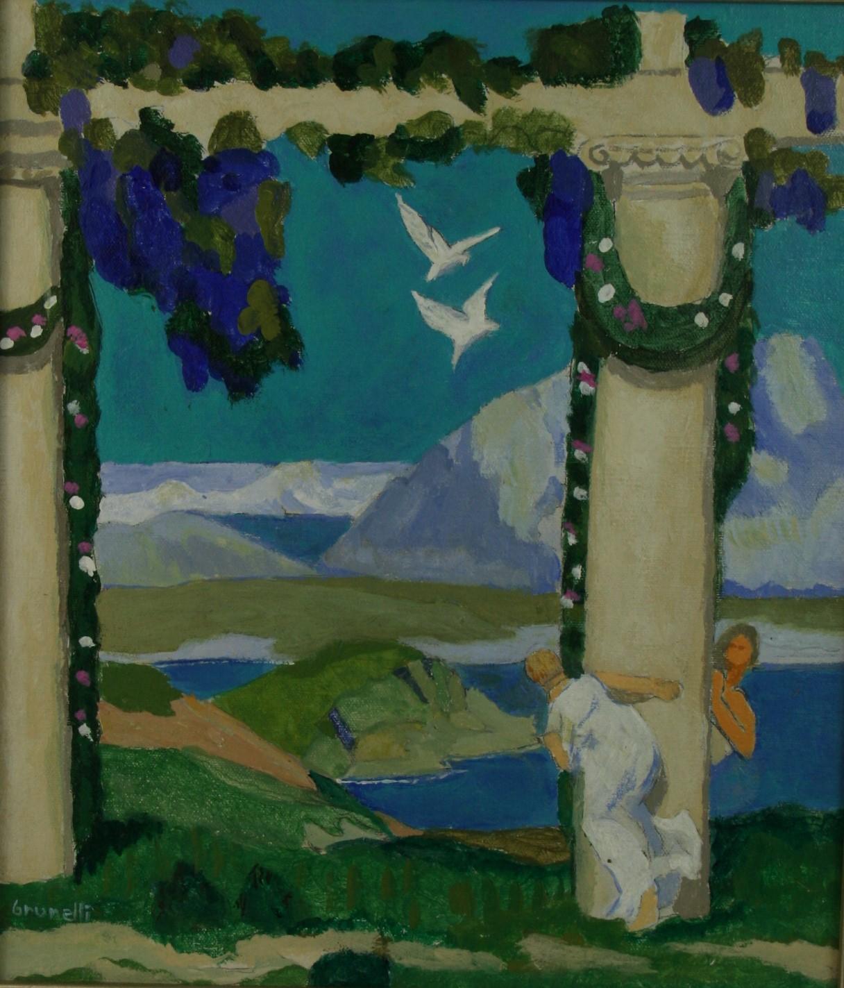 Two Lovers on a Greek Island Paradise Figurative Landscape - Painting by Brunelli