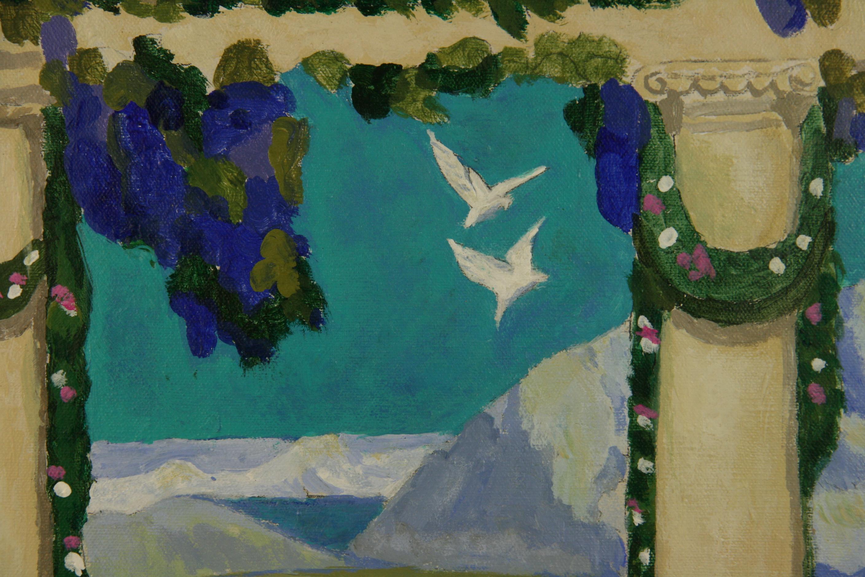 Two Lovers on a Greek Island Paradise Figurative Landscape - Gray Landscape Painting by Brunelli