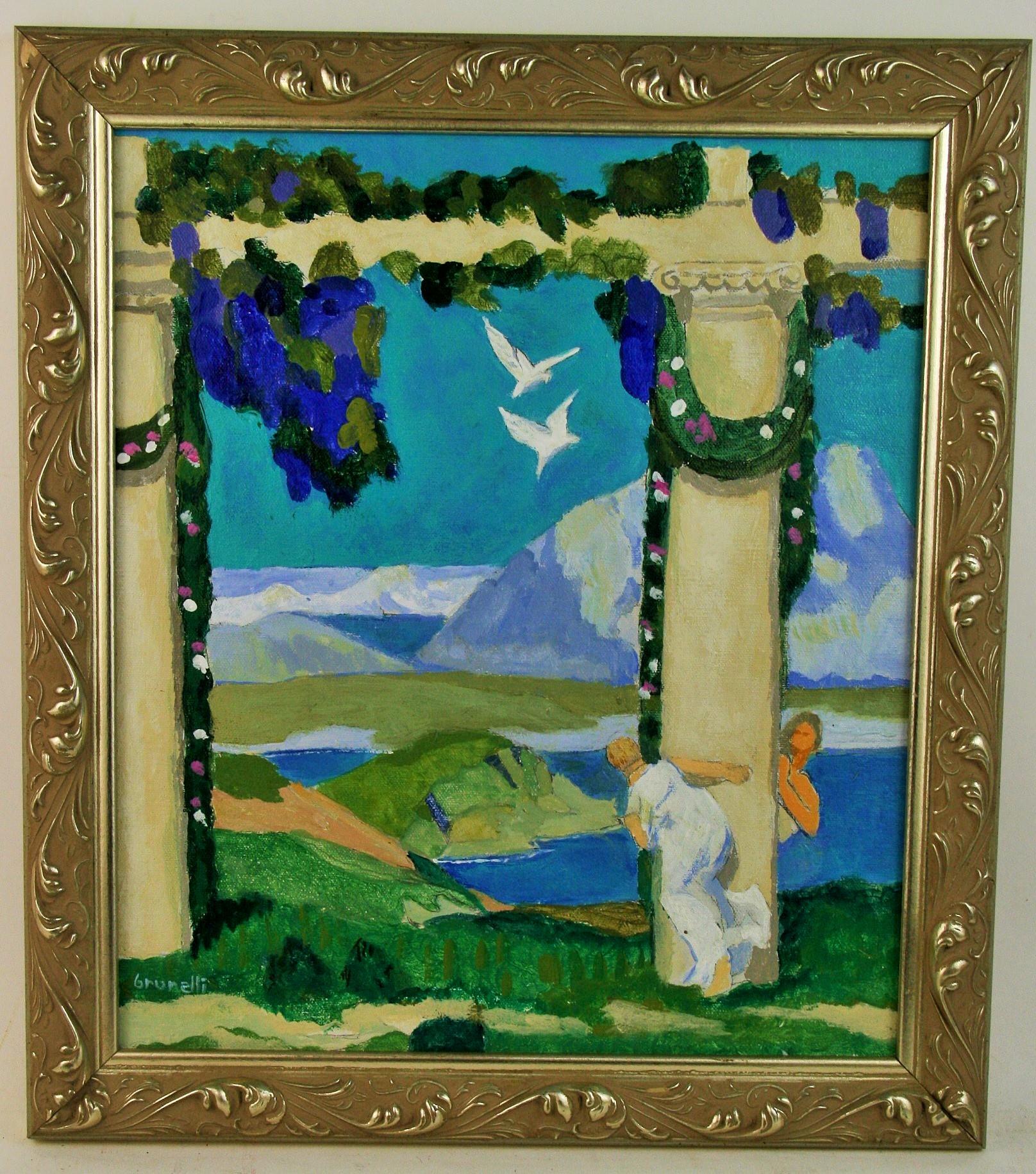 Brunelli Figurative Painting - Two Lovers on a Greek Island Paradise Figurative Landscape