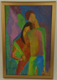 Cubic Young Lovers, Figural Oil Painting on Board, Framed, 2000s
