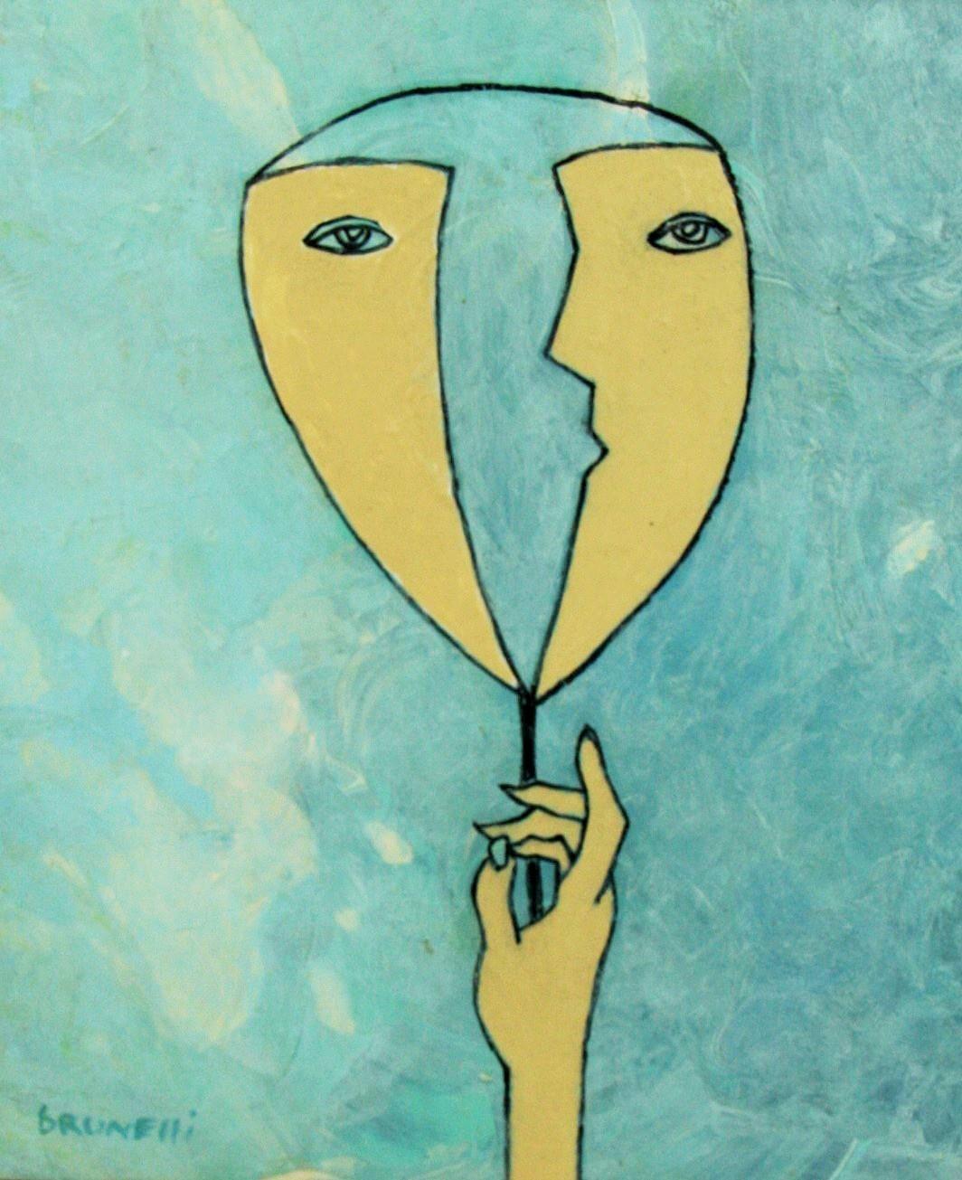 Pintura acrílica surrealista Dos caras de mí  1980 - Painting de Brunelli