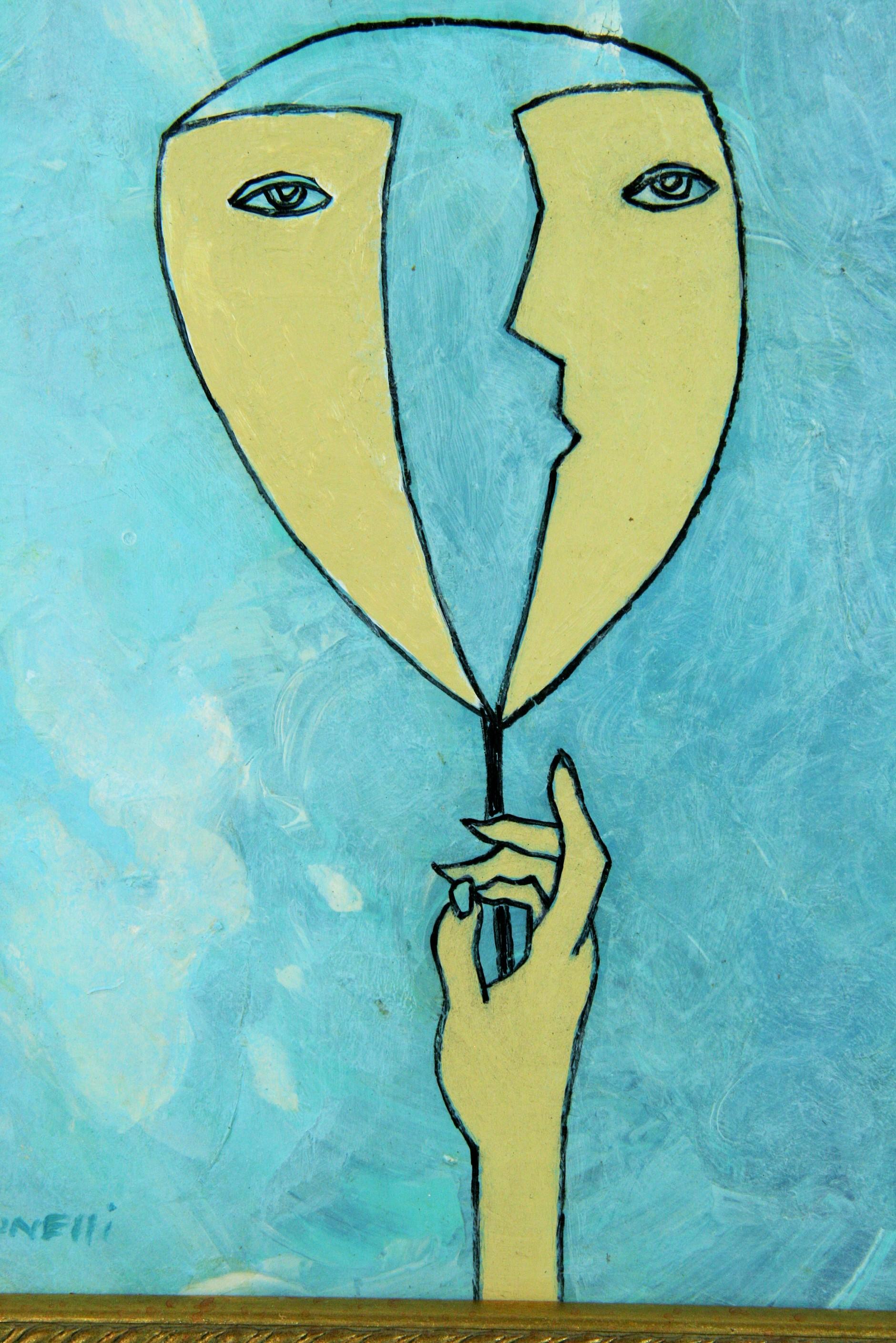 Pintura acrílica surrealista Dos caras de mí  1980 - Abstract Painting Azul de Brunelli