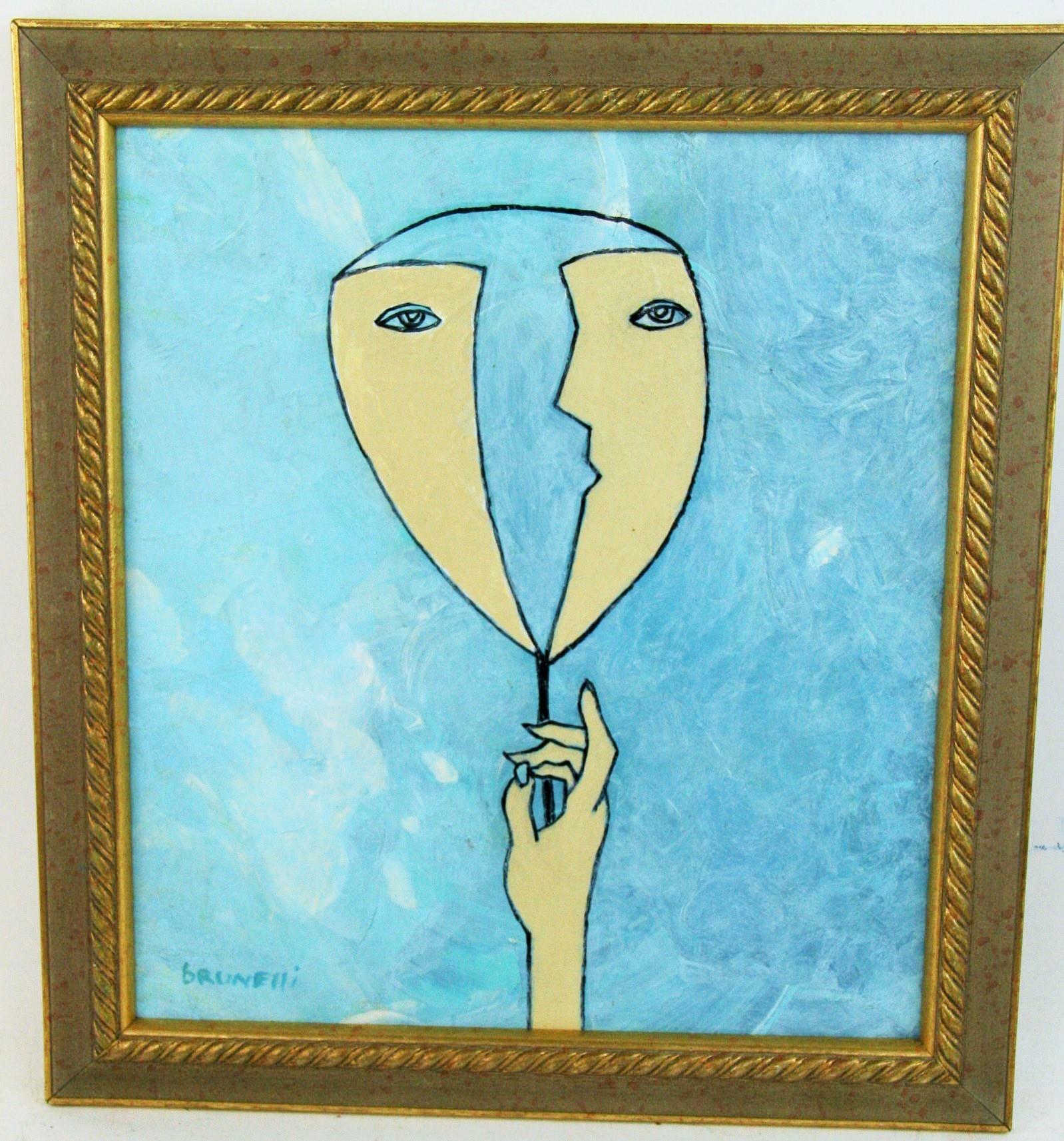 Brunelli Abstract Painting - Surreal Acrylic Painting Two Sides of Me  1980